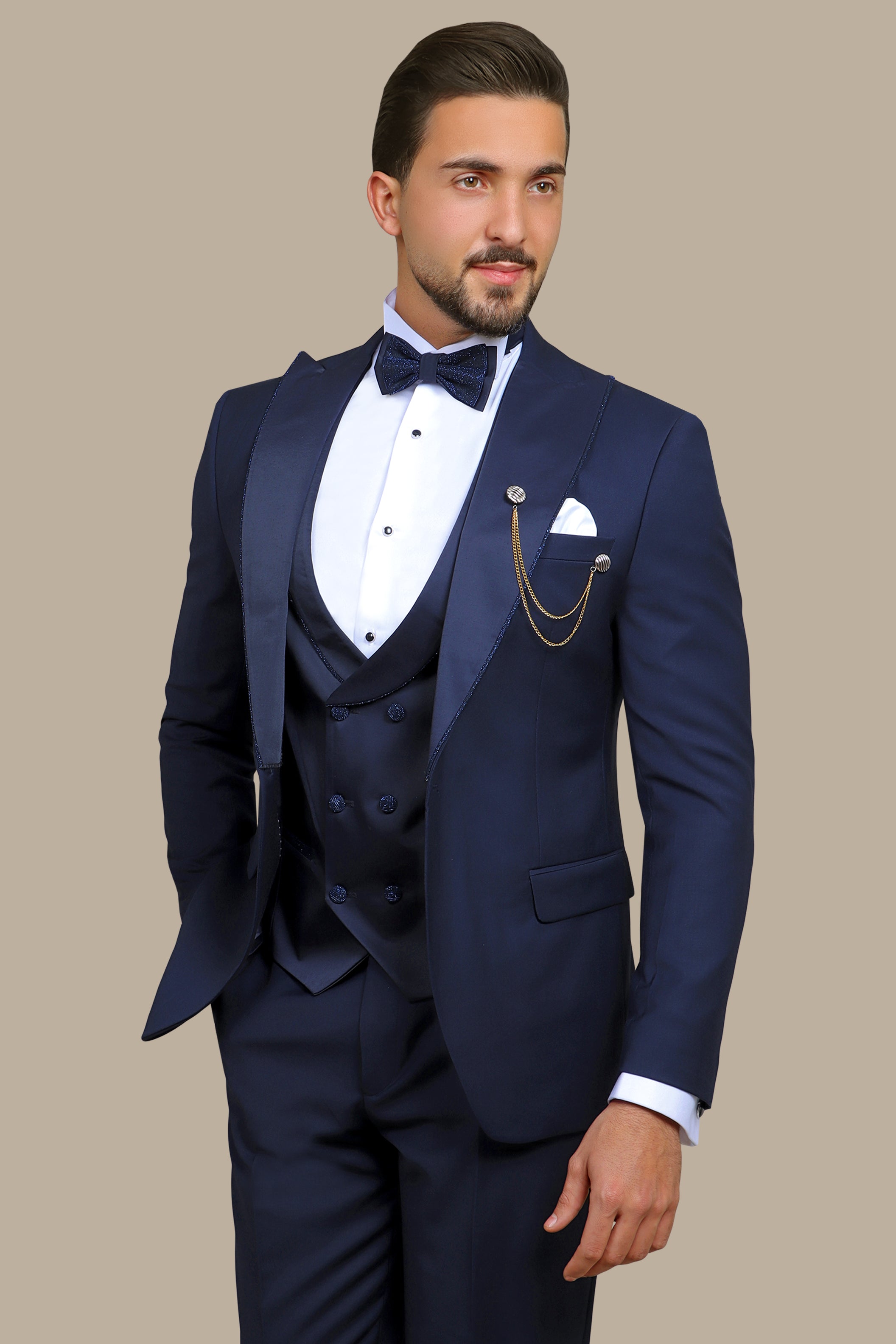 Navy Elegance with Glitter Piping: 4-Piece Tuxedo Set