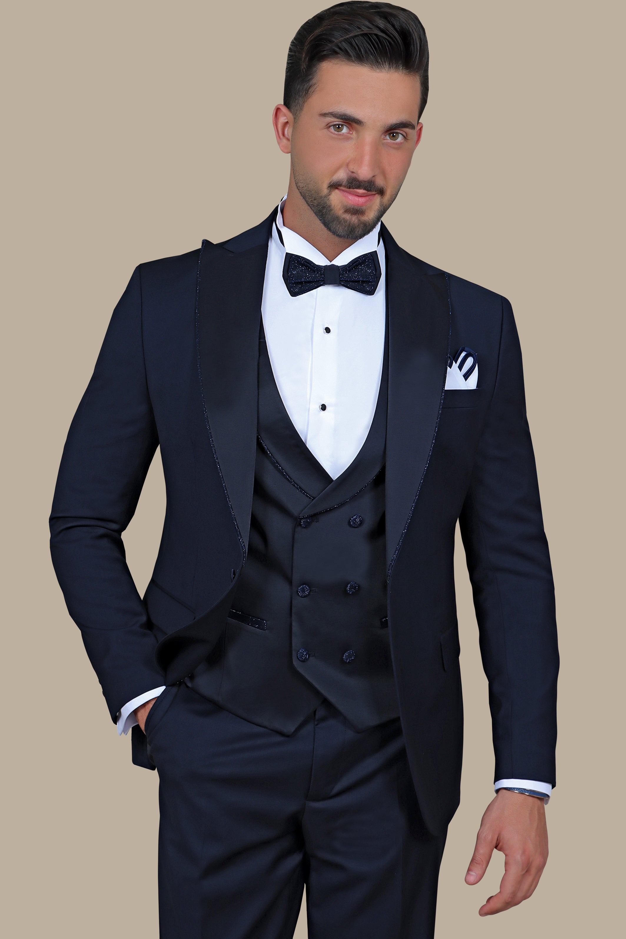 Navy Elegance with Glitter Piping: 4-Piece Tuxedo Set