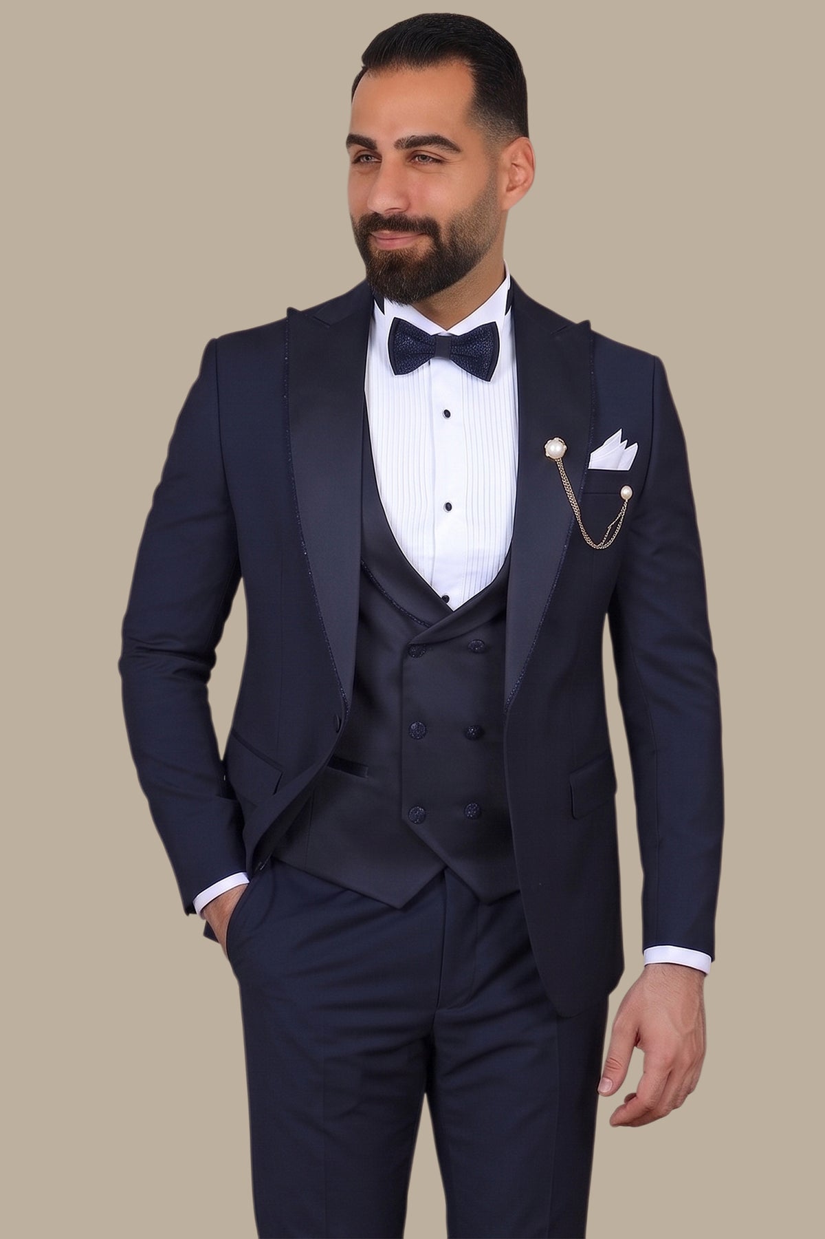 Navy Elegance with Glitter Piping: 4-Piece Tuxedo Set