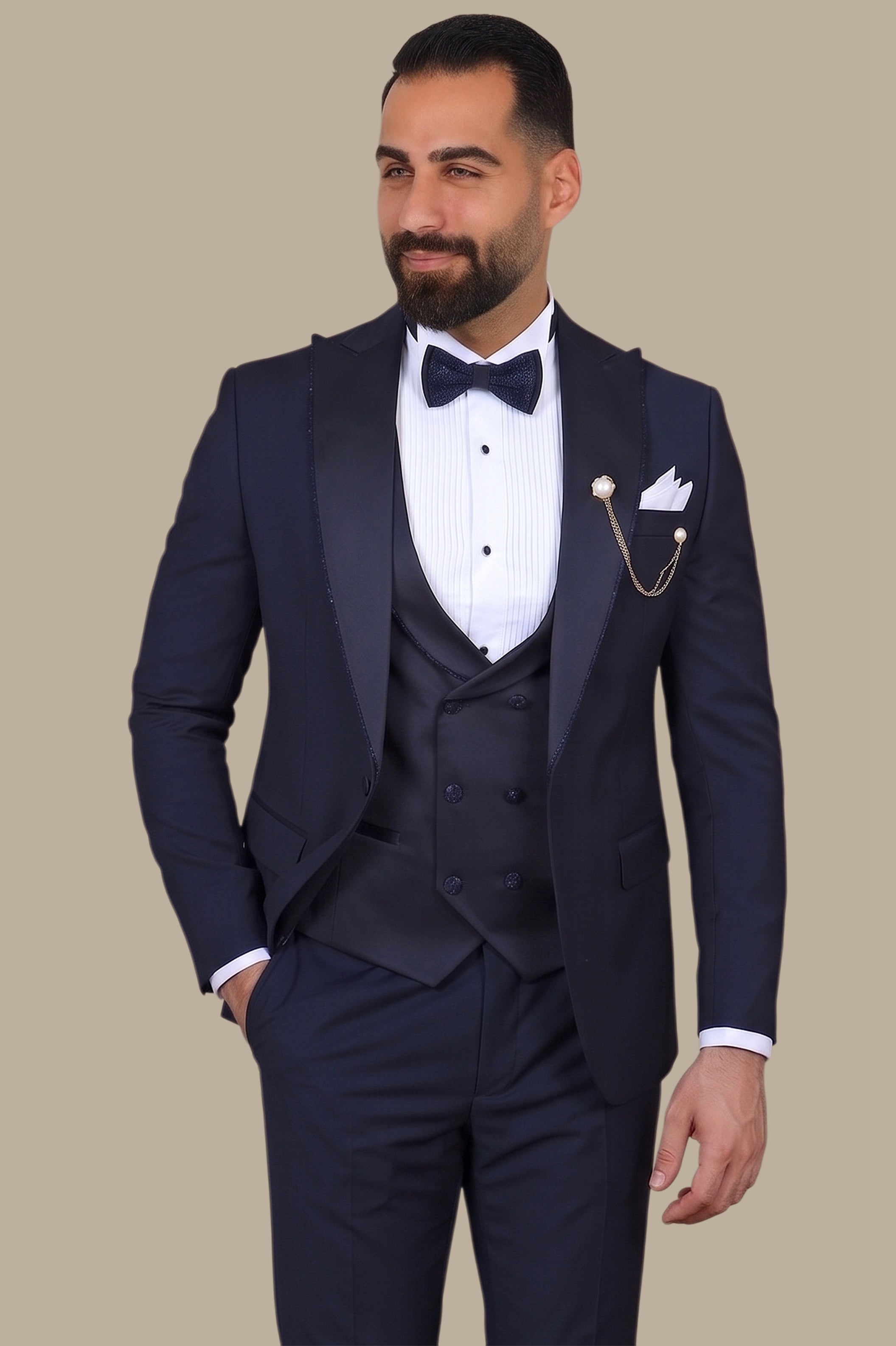 Navy Elegance with Glitter Piping: 4-Piece Tuxedo Set
