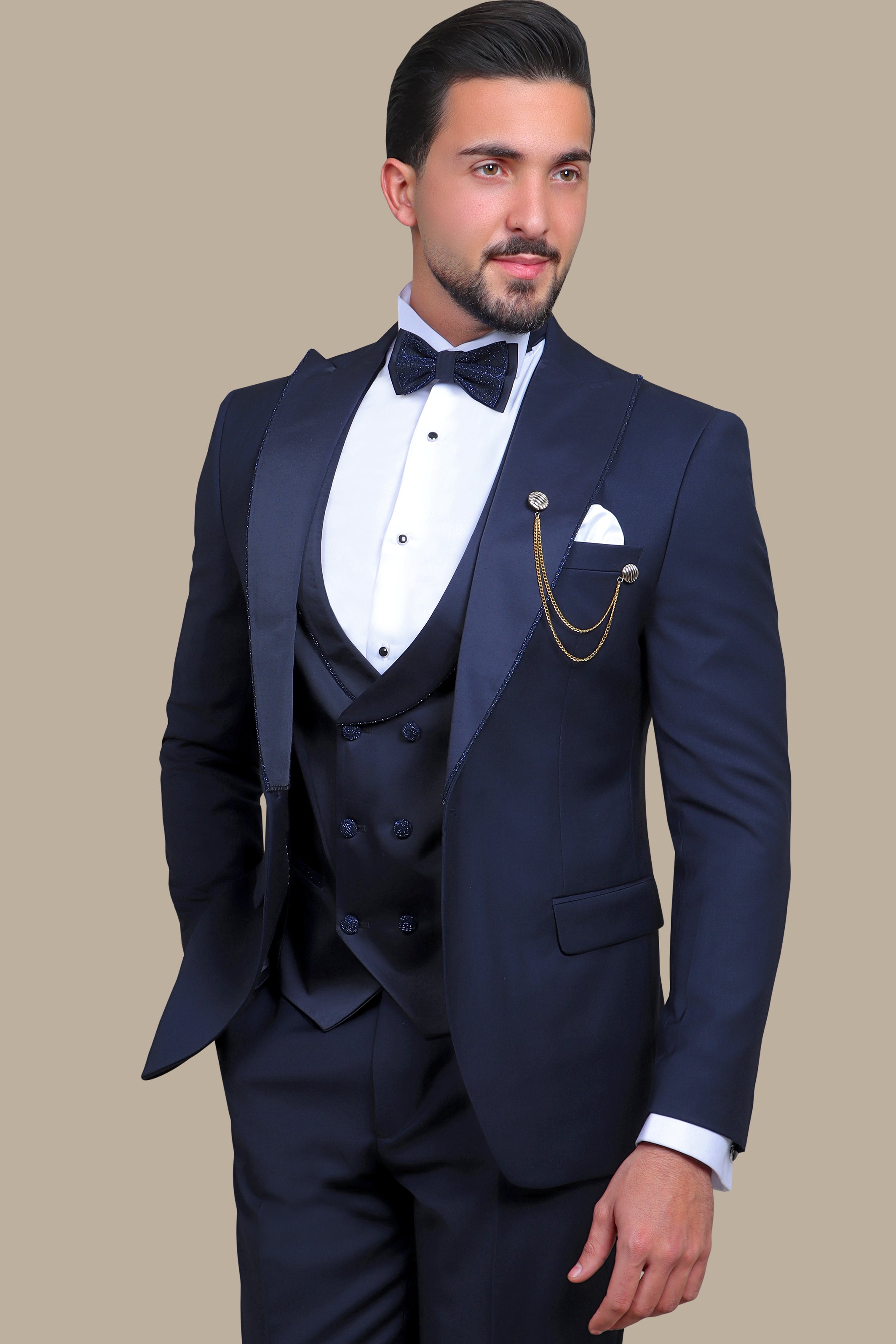 Navy Elegance with Glitter Piping: 4-Piece Tuxedo Set