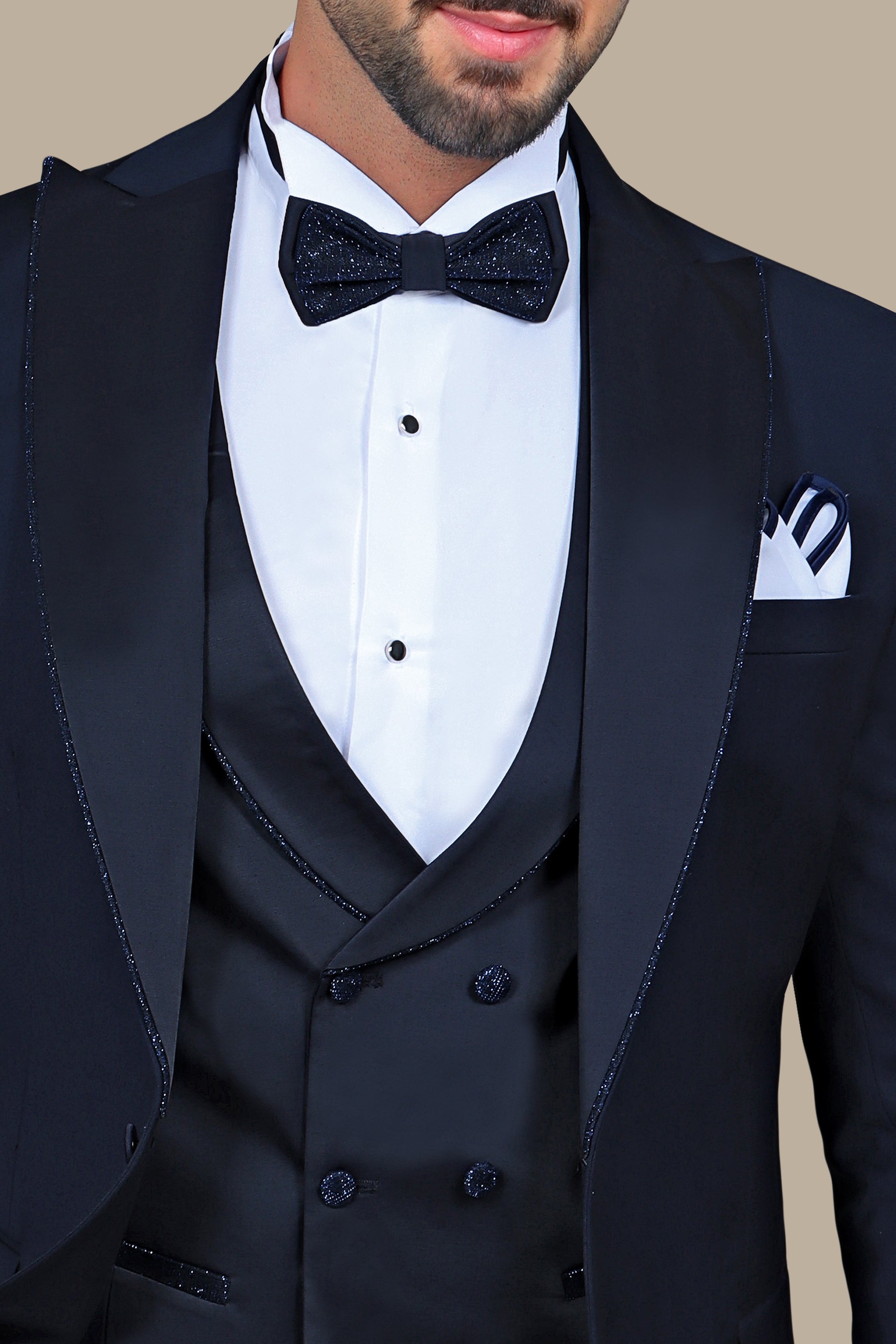 Navy Elegance with Glitter Piping: 4-Piece Tuxedo Set