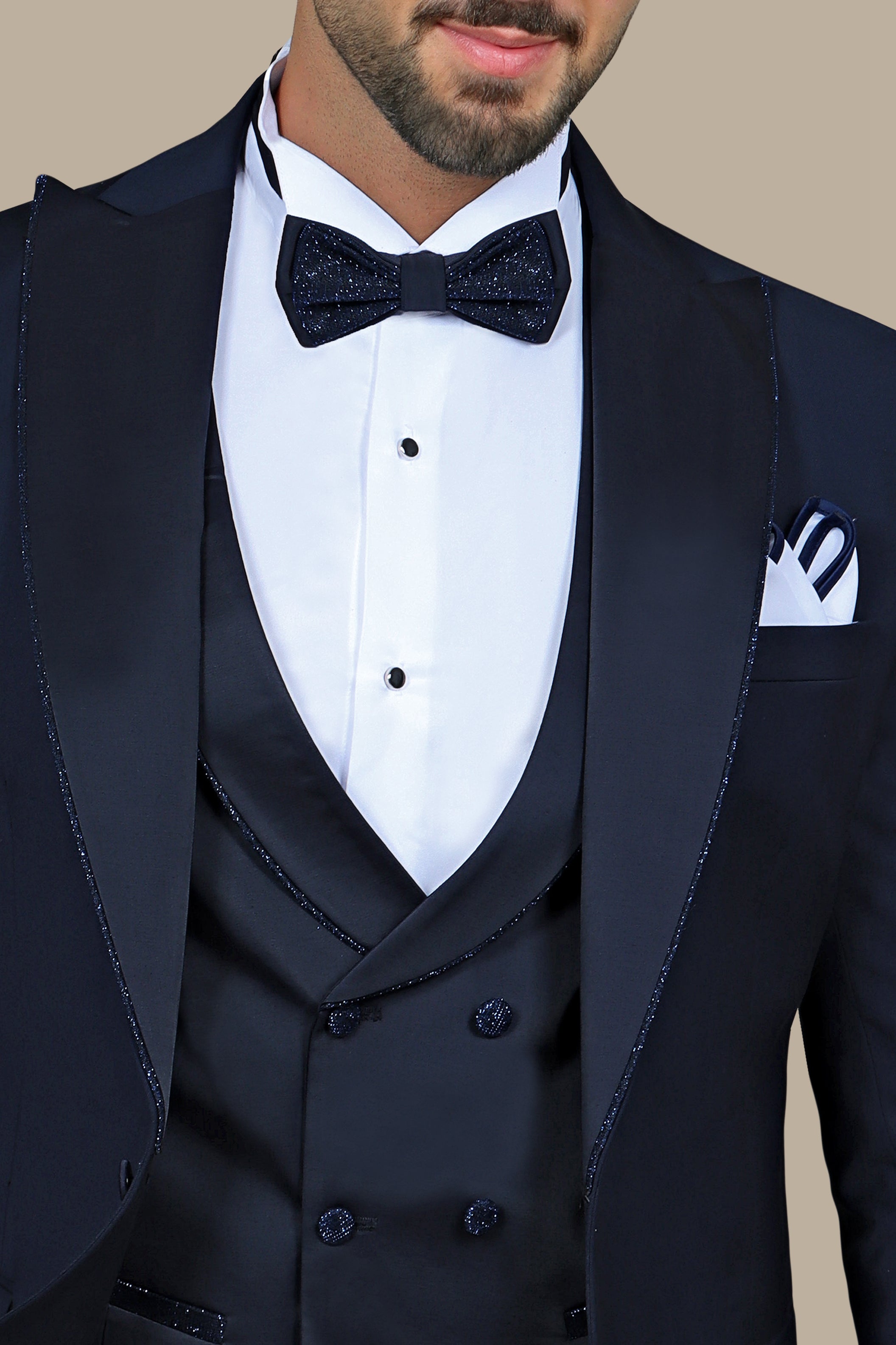 Navy Elegance with Glitter Piping: 4-Piece Tuxedo Set