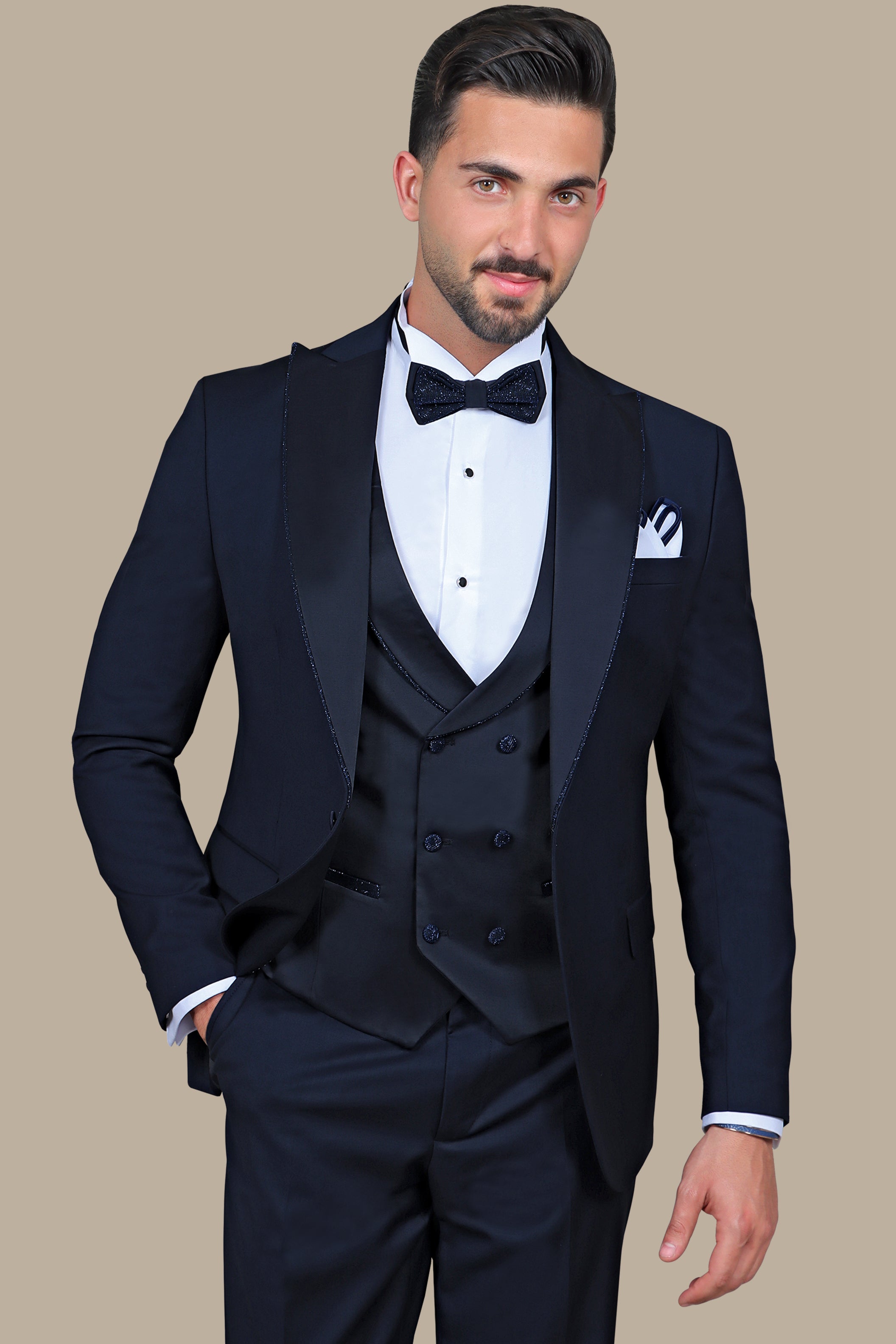 Navy Elegance with Glitter Piping: 4-Piece Tuxedo Set