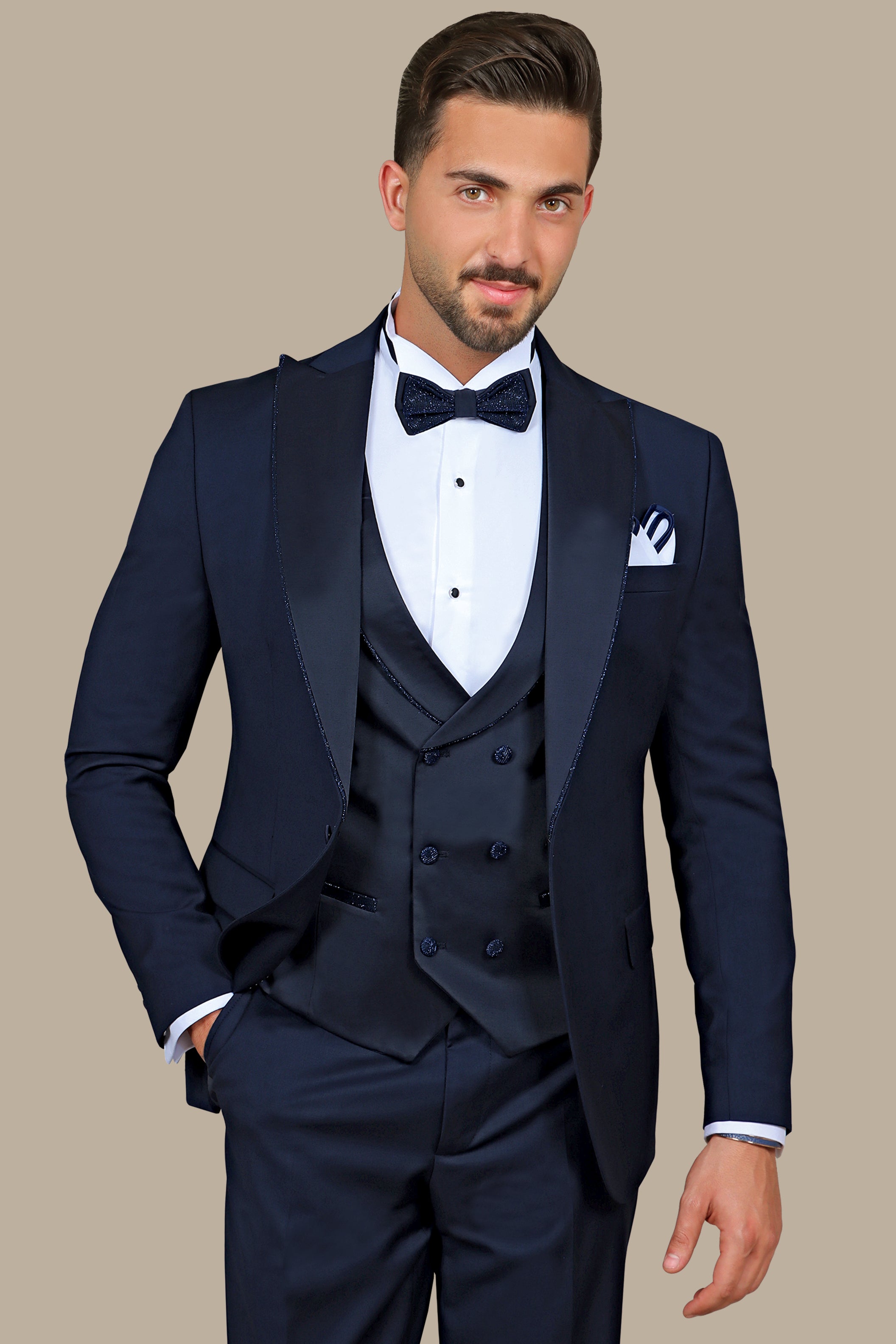 Navy Elegance with Glitter Piping: 4-Piece Tuxedo Set