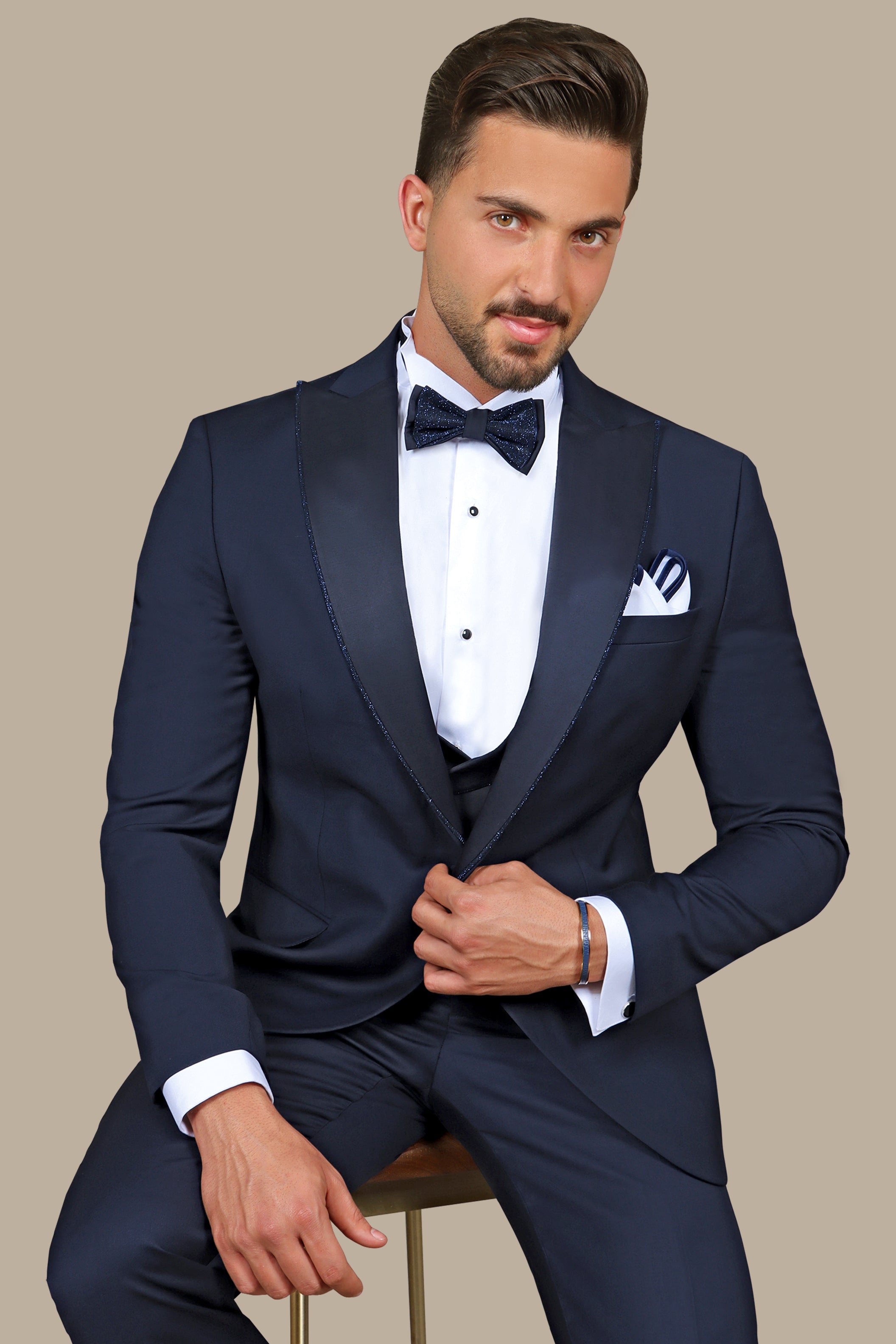 Navy Elegance with Glitter Piping: 4-Piece Tuxedo Set