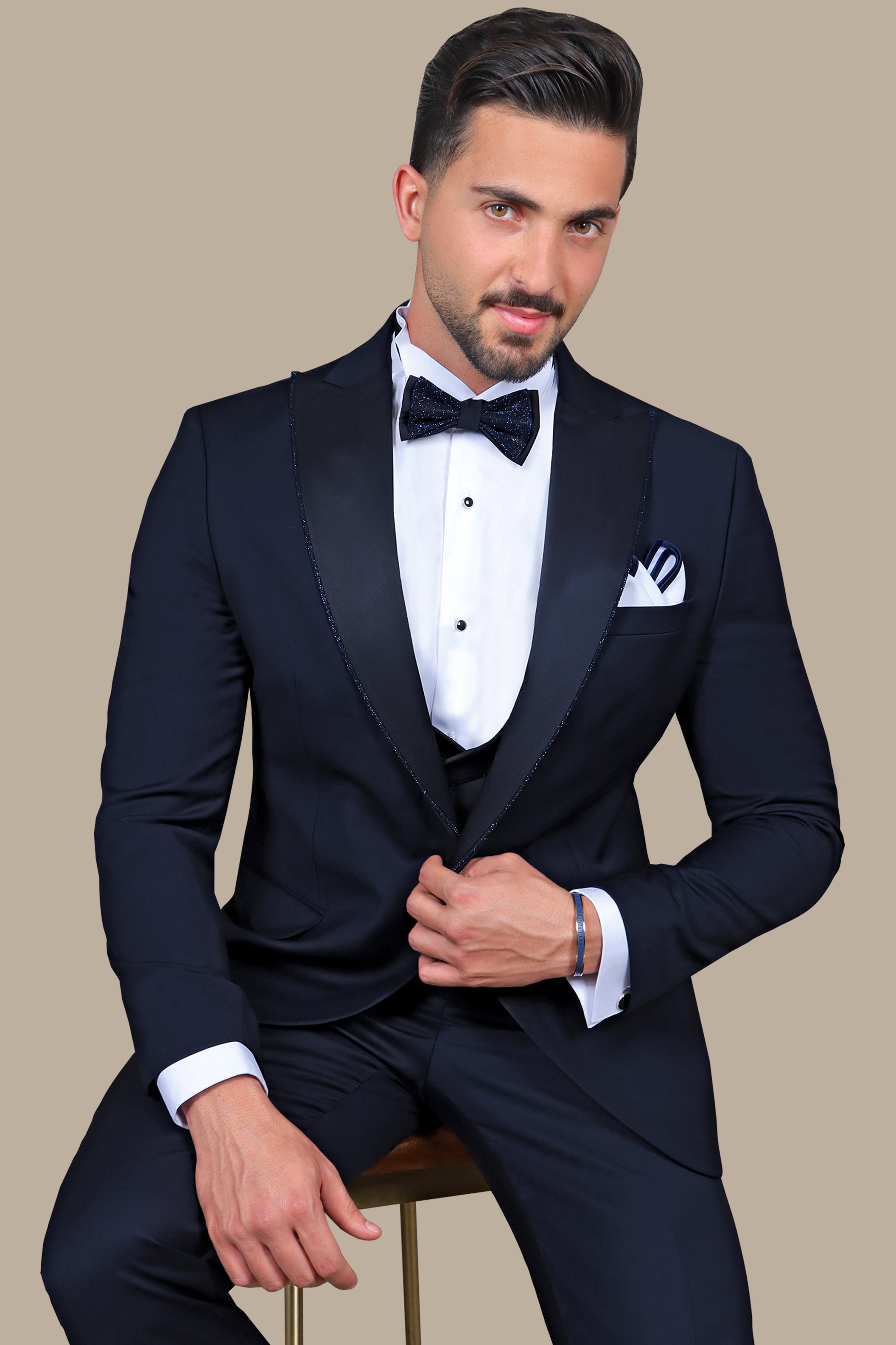 Navy Elegance with Glitter Piping: 4-Piece Tuxedo Set