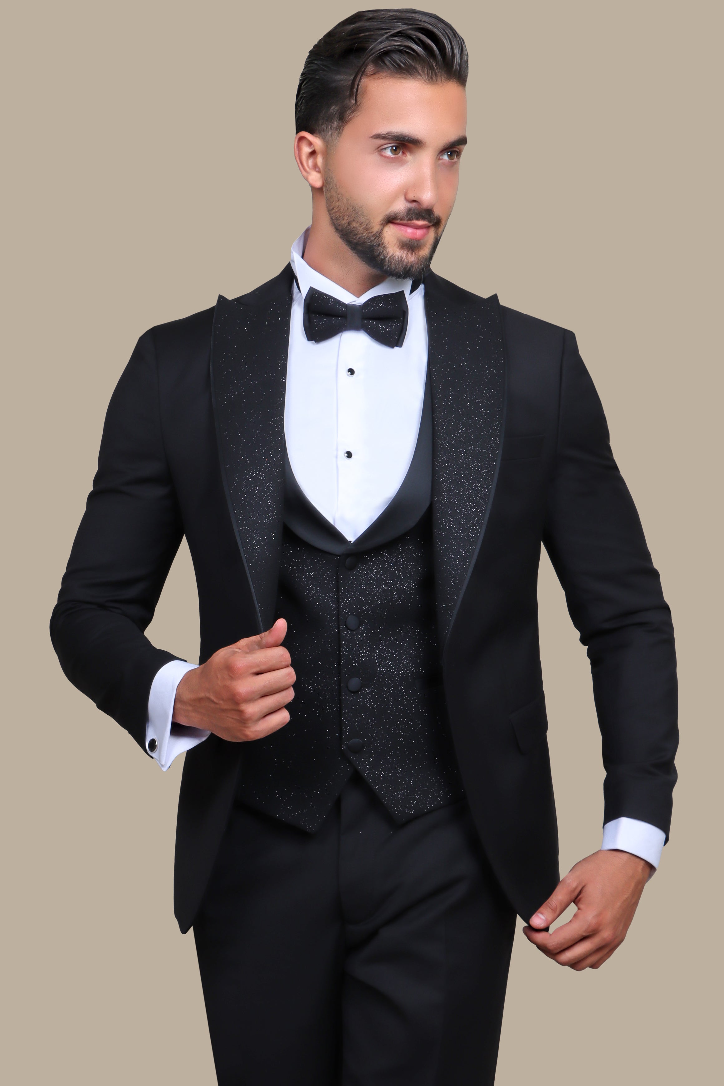 Black Glitter Tuxedo Set with Removable Collar: Effortless Elegance, F