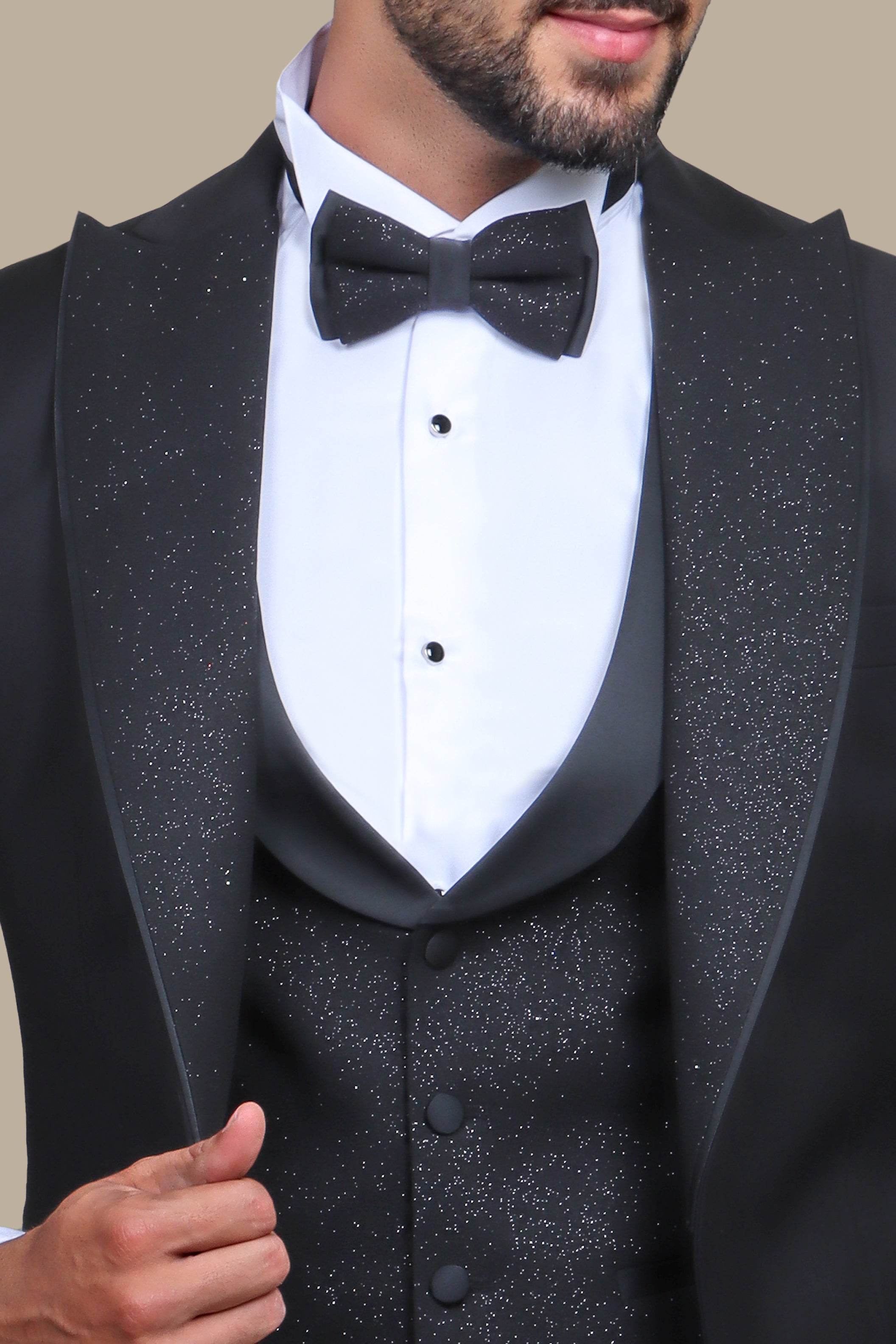 Black Glitter Tuxedo with Removable Collar - 4 Piece Set