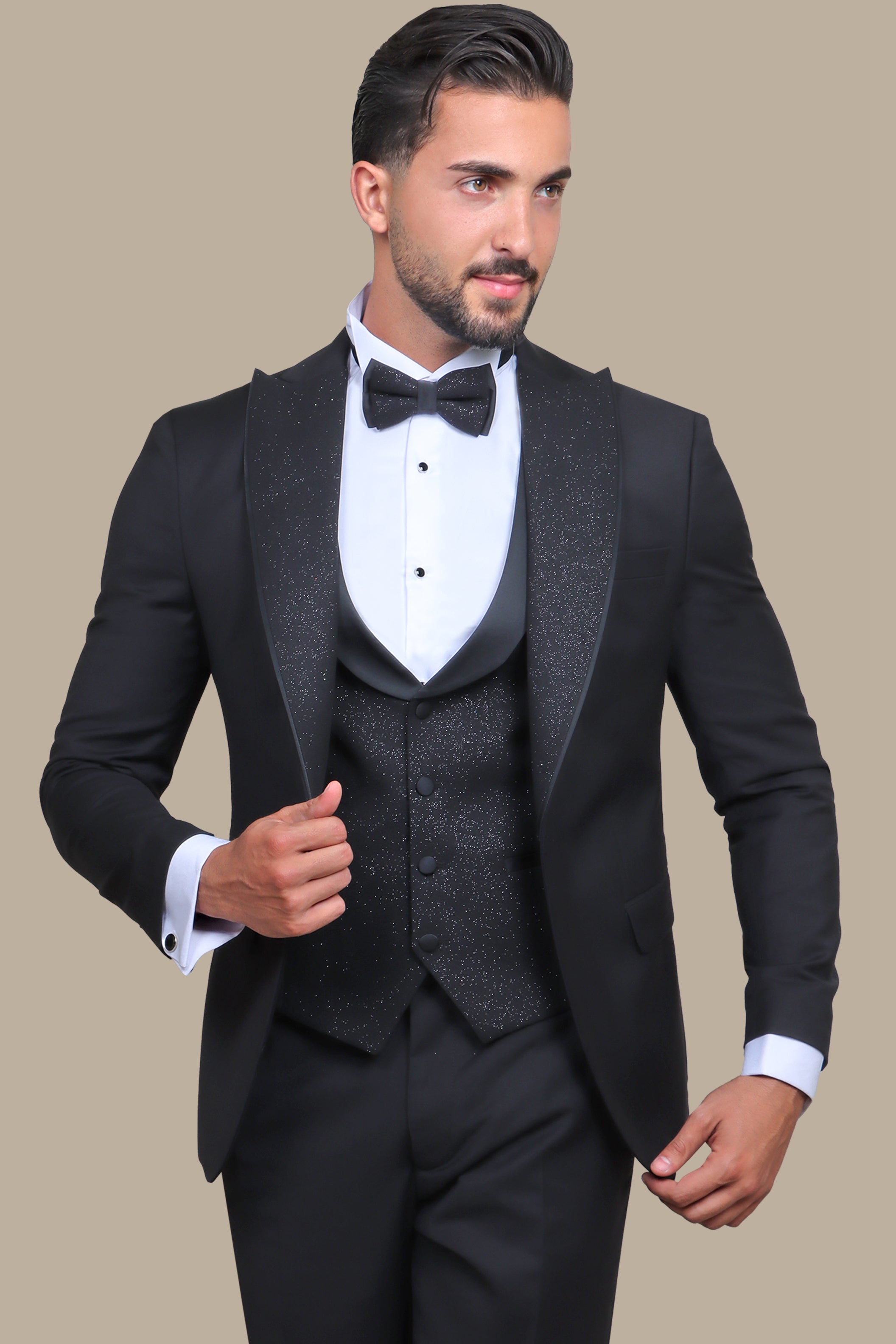 Black Glitter Tuxedo with Removable Collar - 4 Piece Set