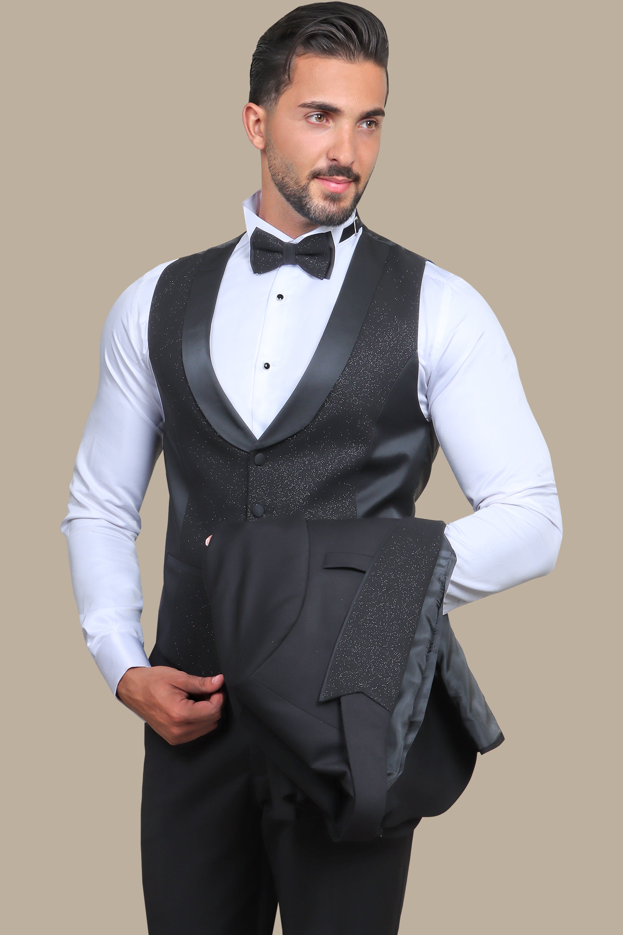 Black Glitter Tuxedo with Removable Collar - 4 Piece Set