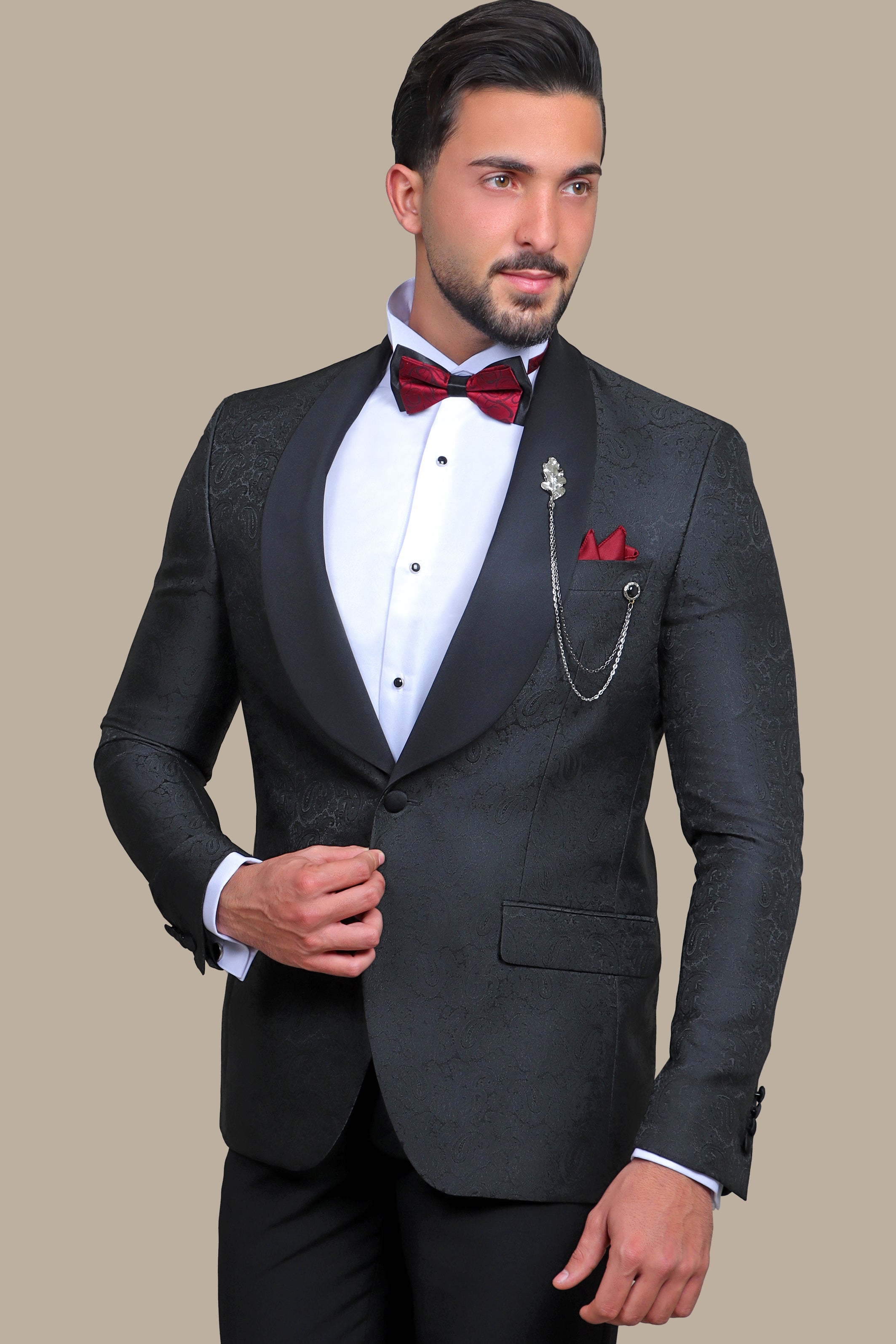 Midnight Paisley Elegance: Tuxedo FV with Wide Shawl Collar in Rich Black