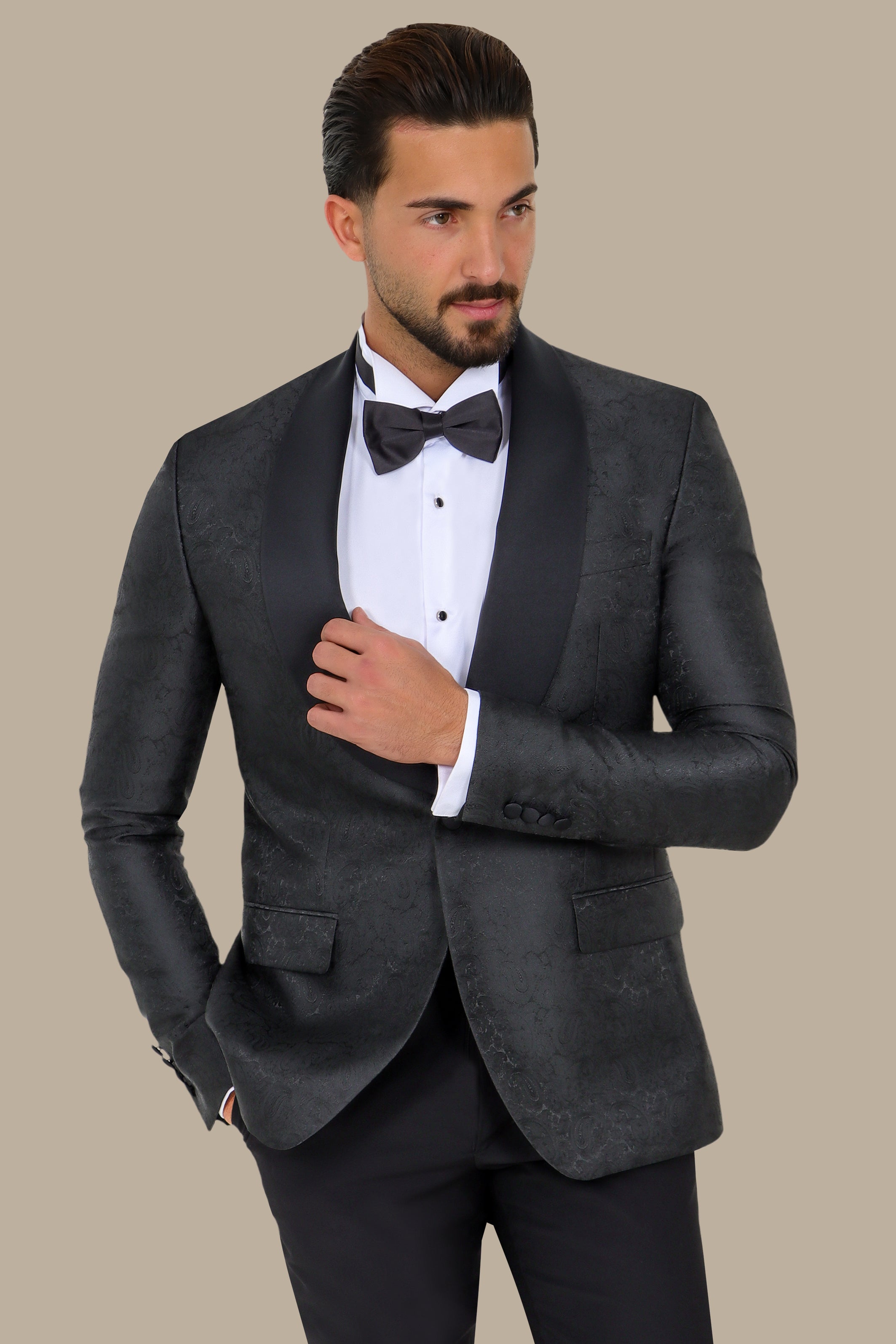 Midnight Paisley Elegance: Tuxedo FV with Wide Shawl Collar in Rich Black