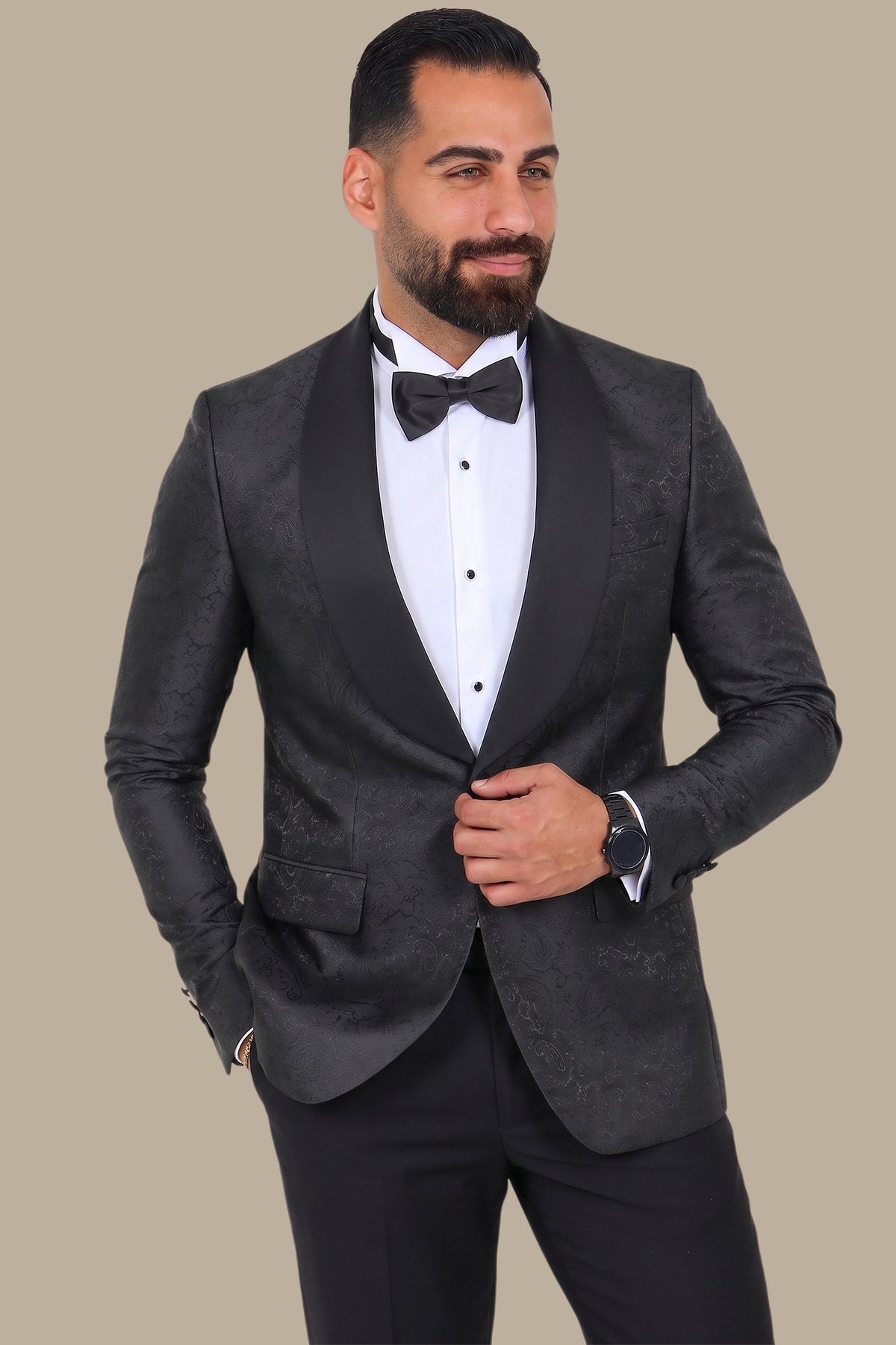 Midnight Paisley Elegance: Tuxedo FV with Wide Shawl Collar in Rich Black