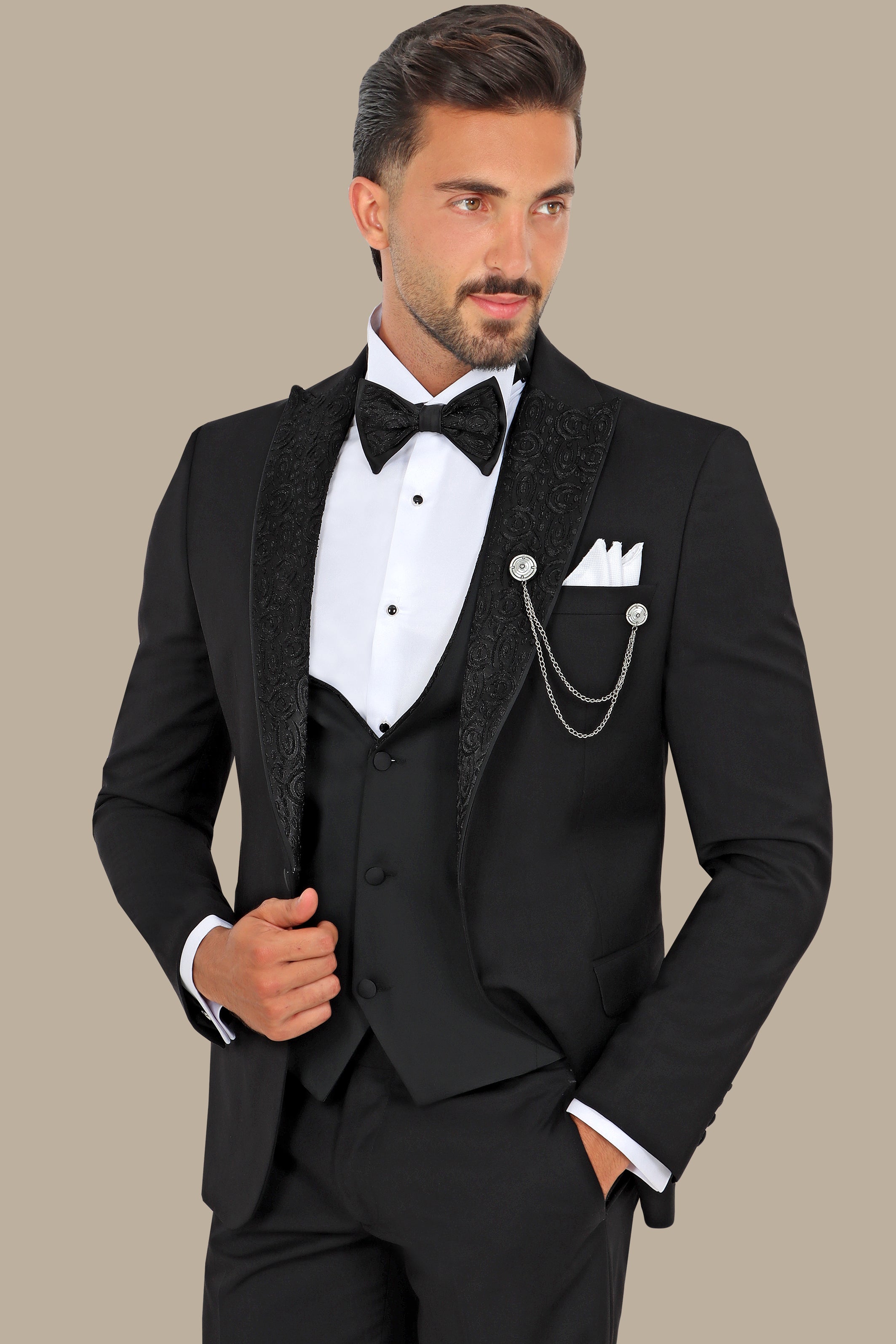 Imperial Noir Elegance: The Black Tuxedo Jacquard Collar 4-Piece Set