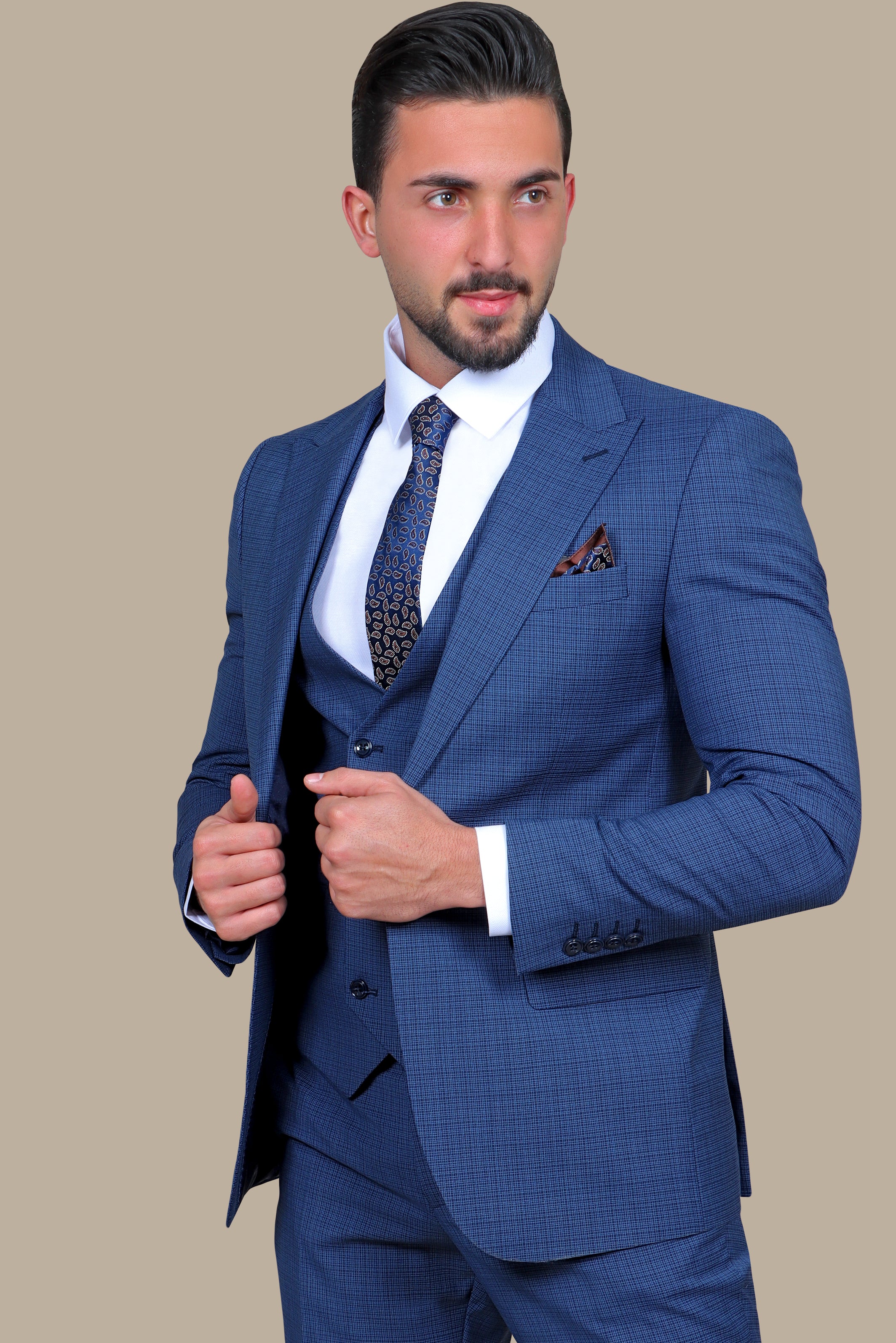 Blue Checked Sophistication: The Peak Lapel 3-Piece Suit