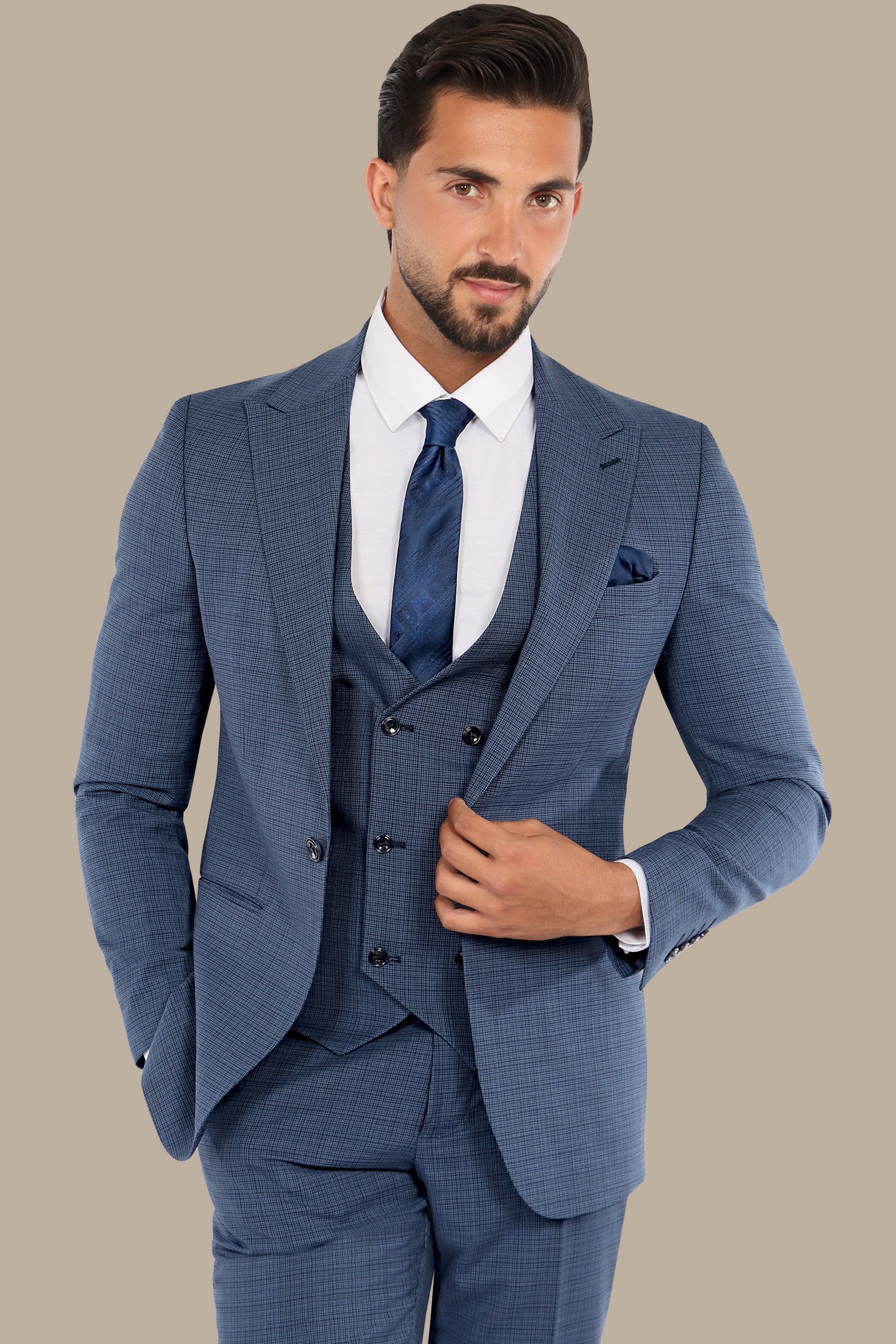 Blue Checked Sophistication: The Peak Lapel 3-Piece Suit