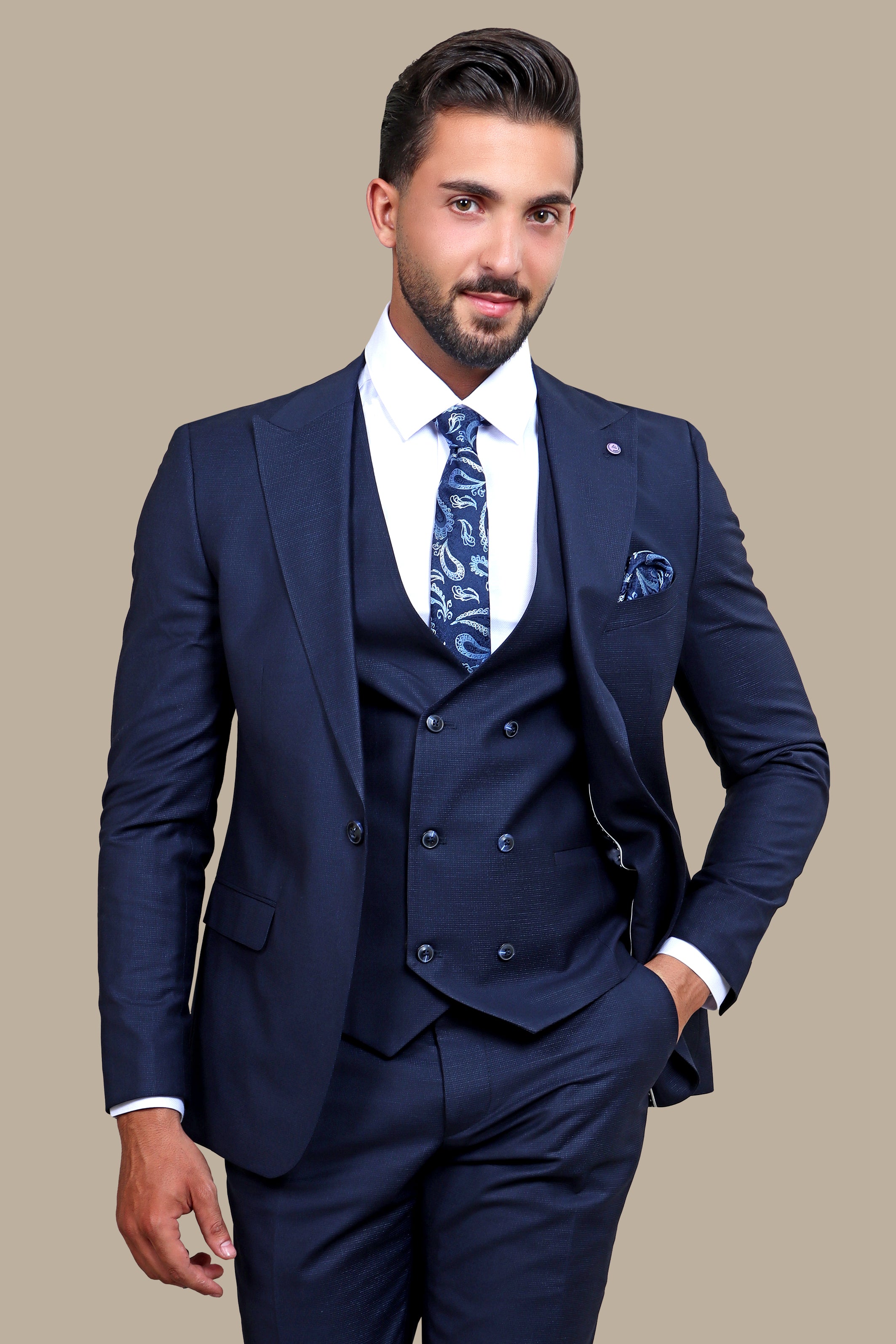 Navy Checkered Elegance: The Peak Lapel 3-Piece Suit