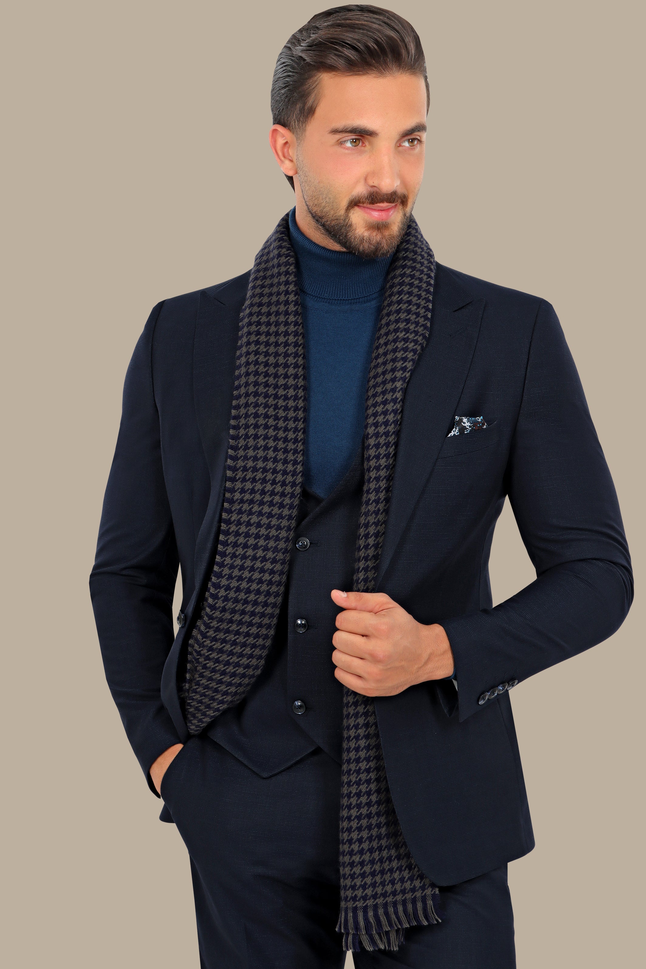 Navy Checkered Elegance: The Peak Lapel 3-Piece Suit