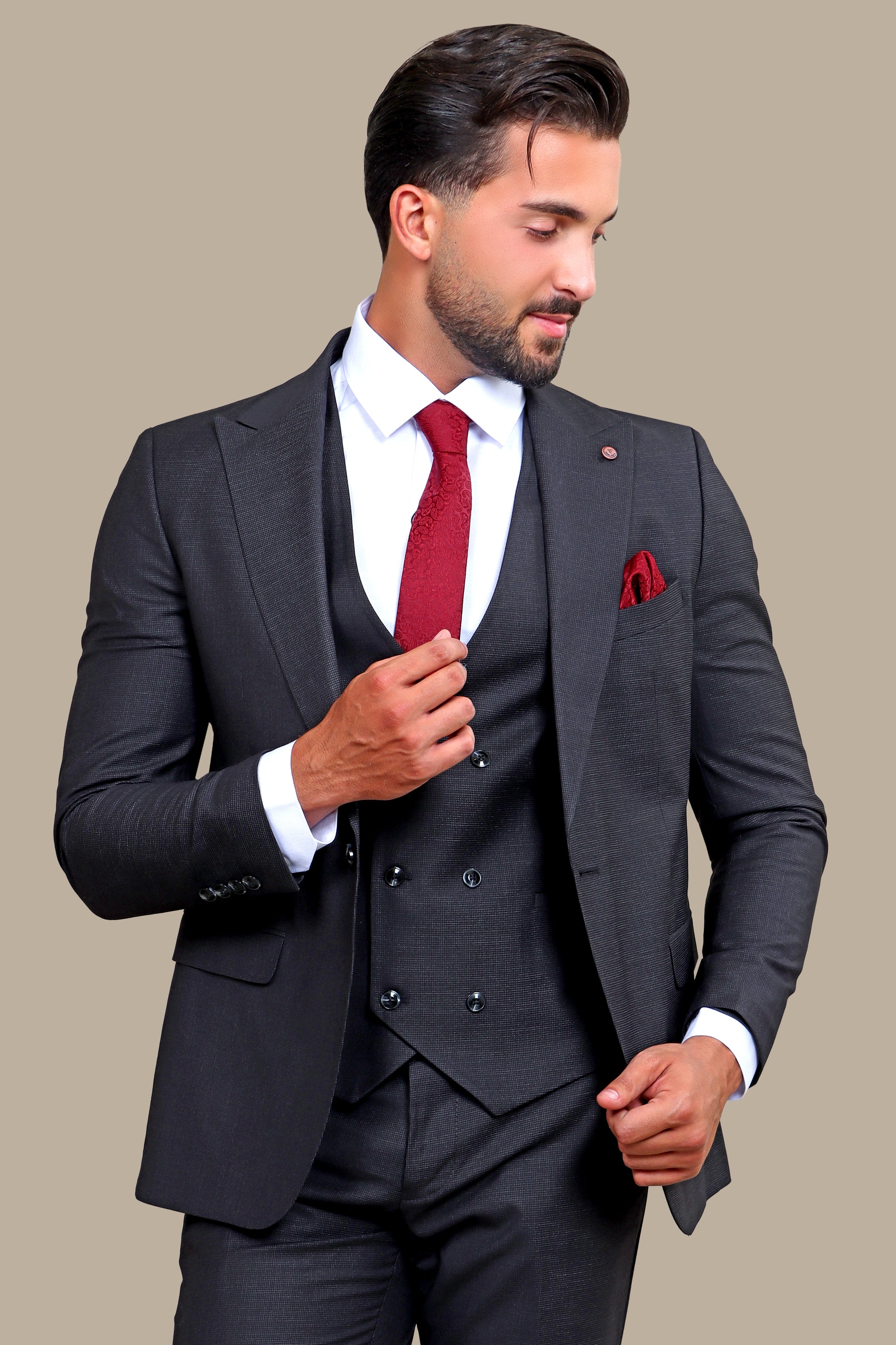 Dark Gray Checkered Excellence: The Peak Lapel 3-Piece Suit