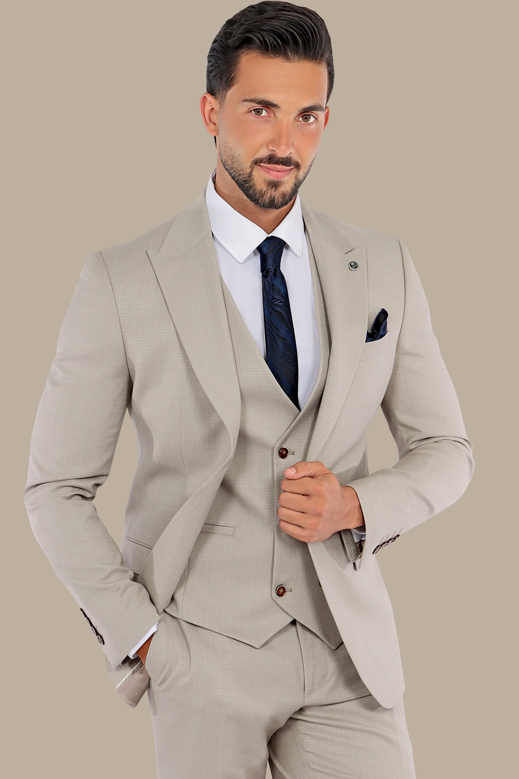 Timeless Charm: 3-Piece Beige Suit with Dots