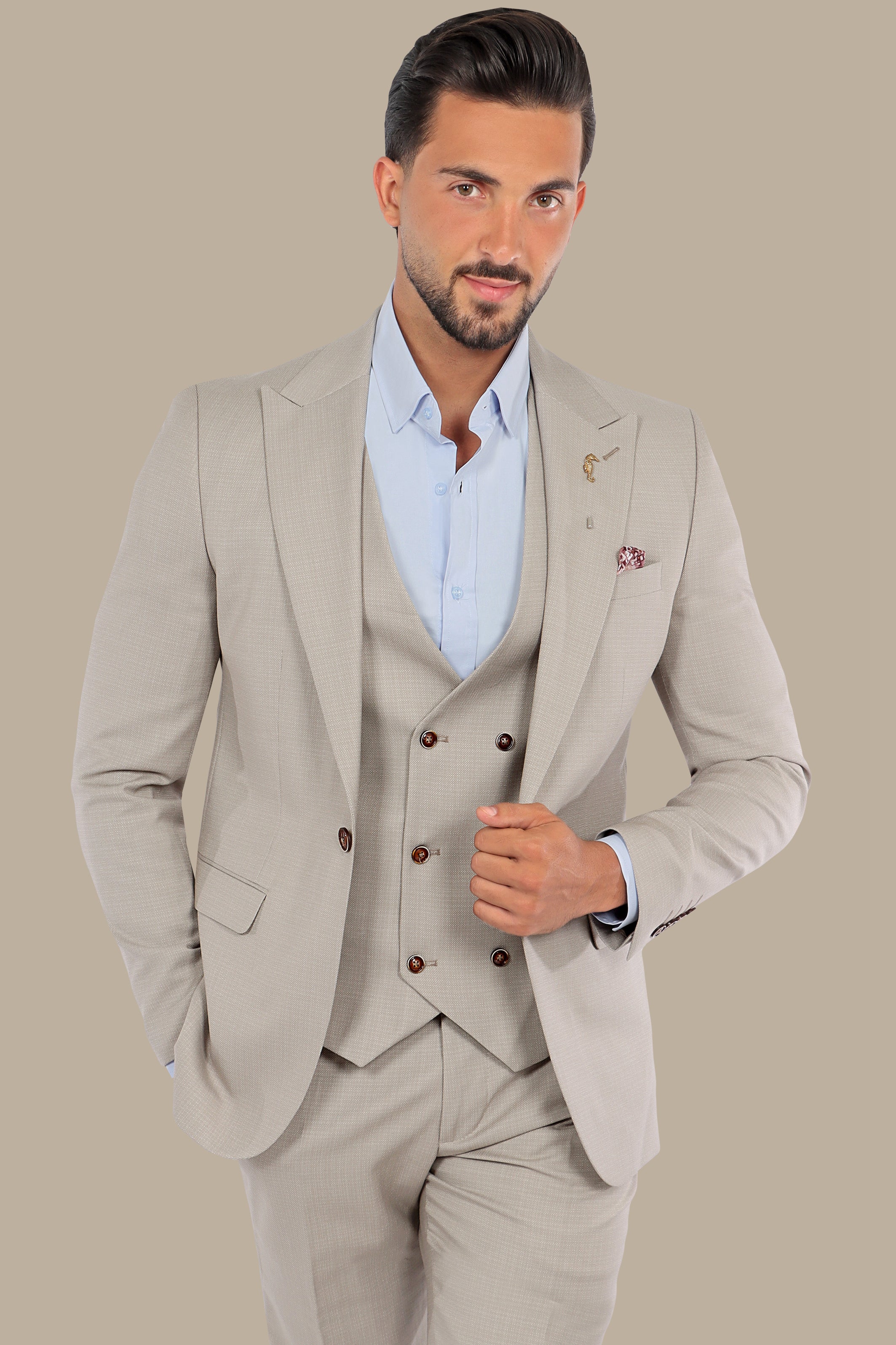 Timeless Charm: 3-Piece Beige Suit with Dots