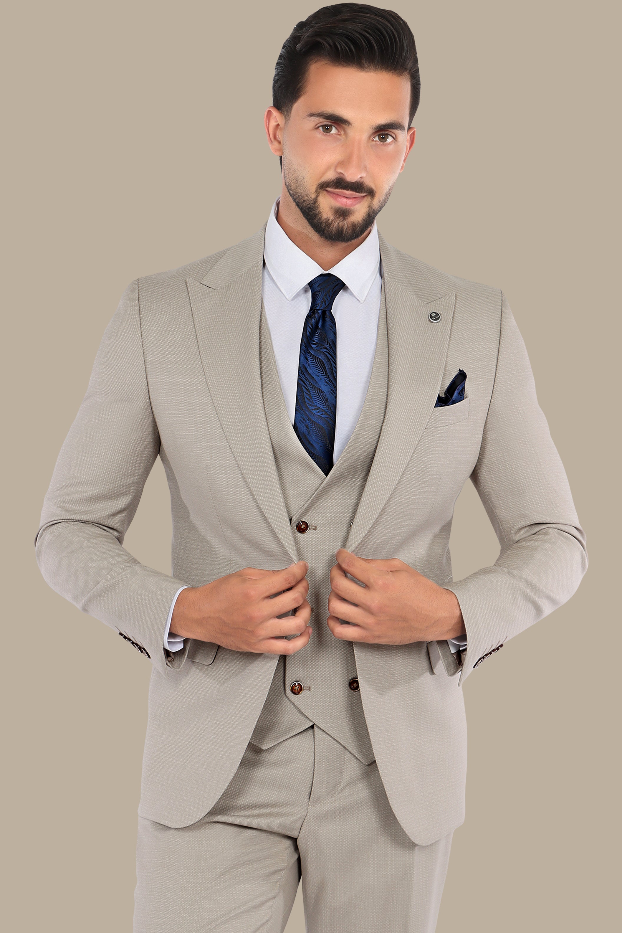 Timeless Charm: 3-Piece Beige Suit with Dots