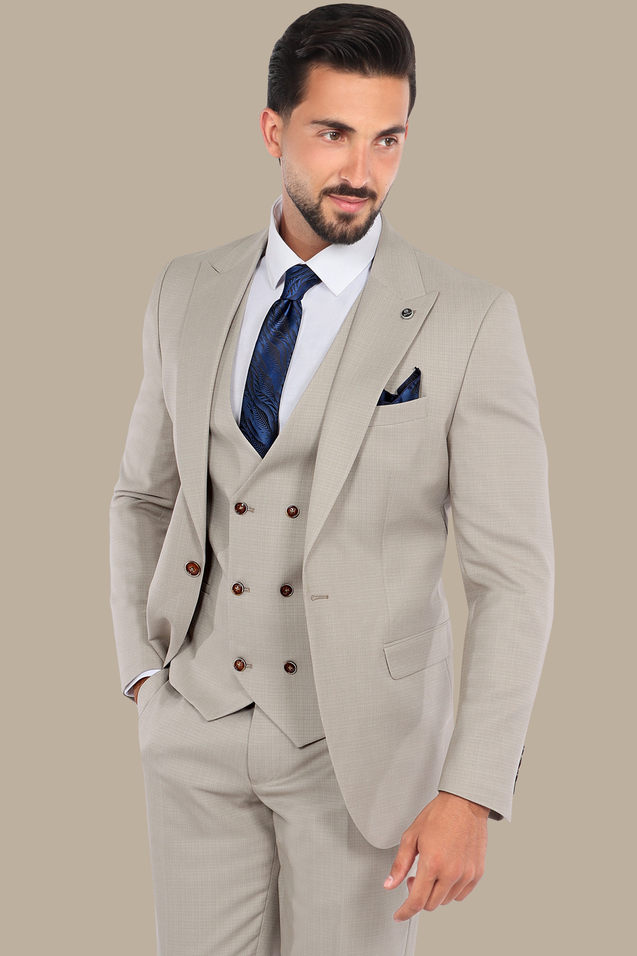 Timeless Charm: 3-Piece Beige Suit with Dots