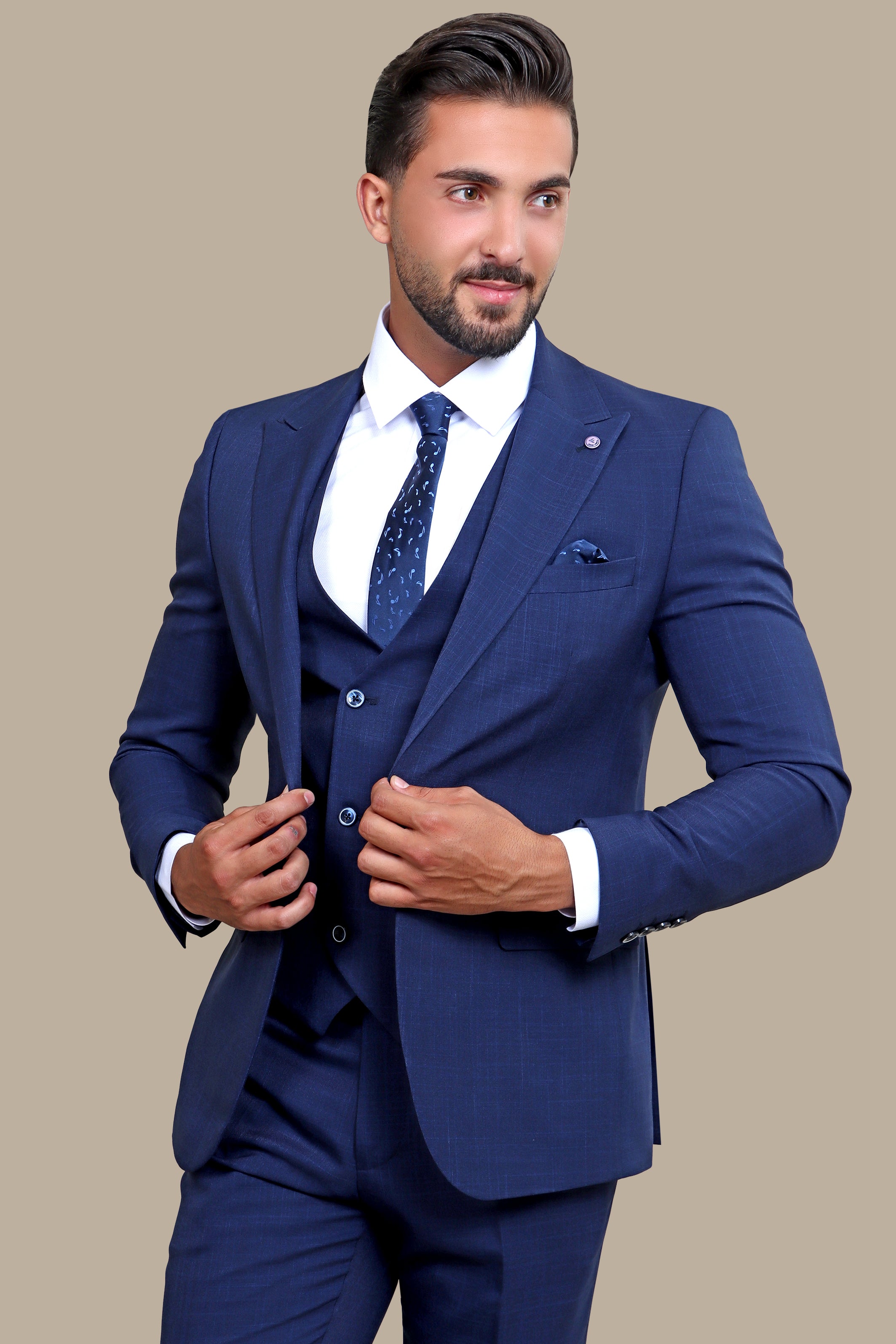 Navy Checked Excellence: The Peak Lapel 3-Piece Suit