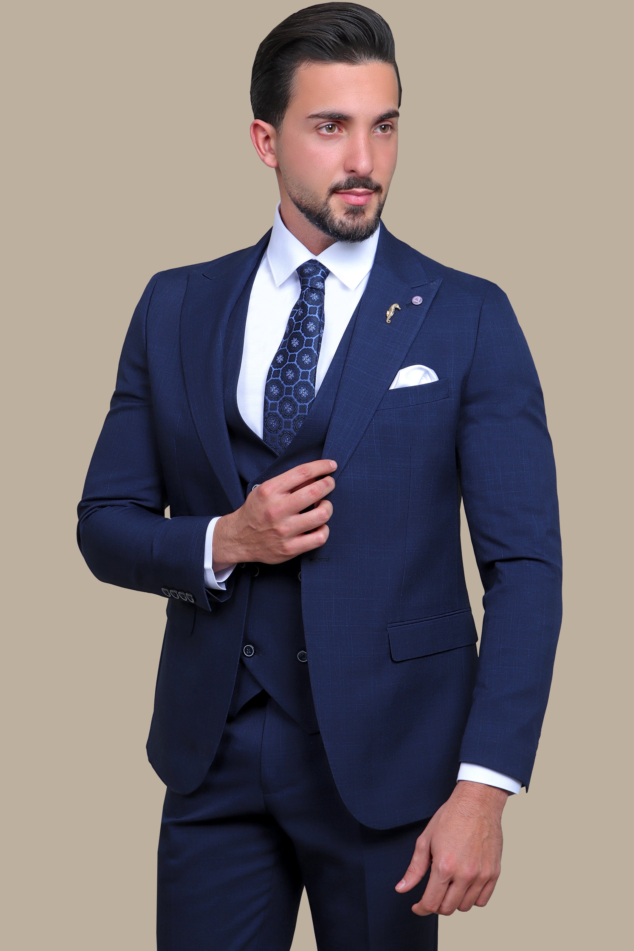 Navy Checked Excellence: The Peak Lapel 3-Piece Suit