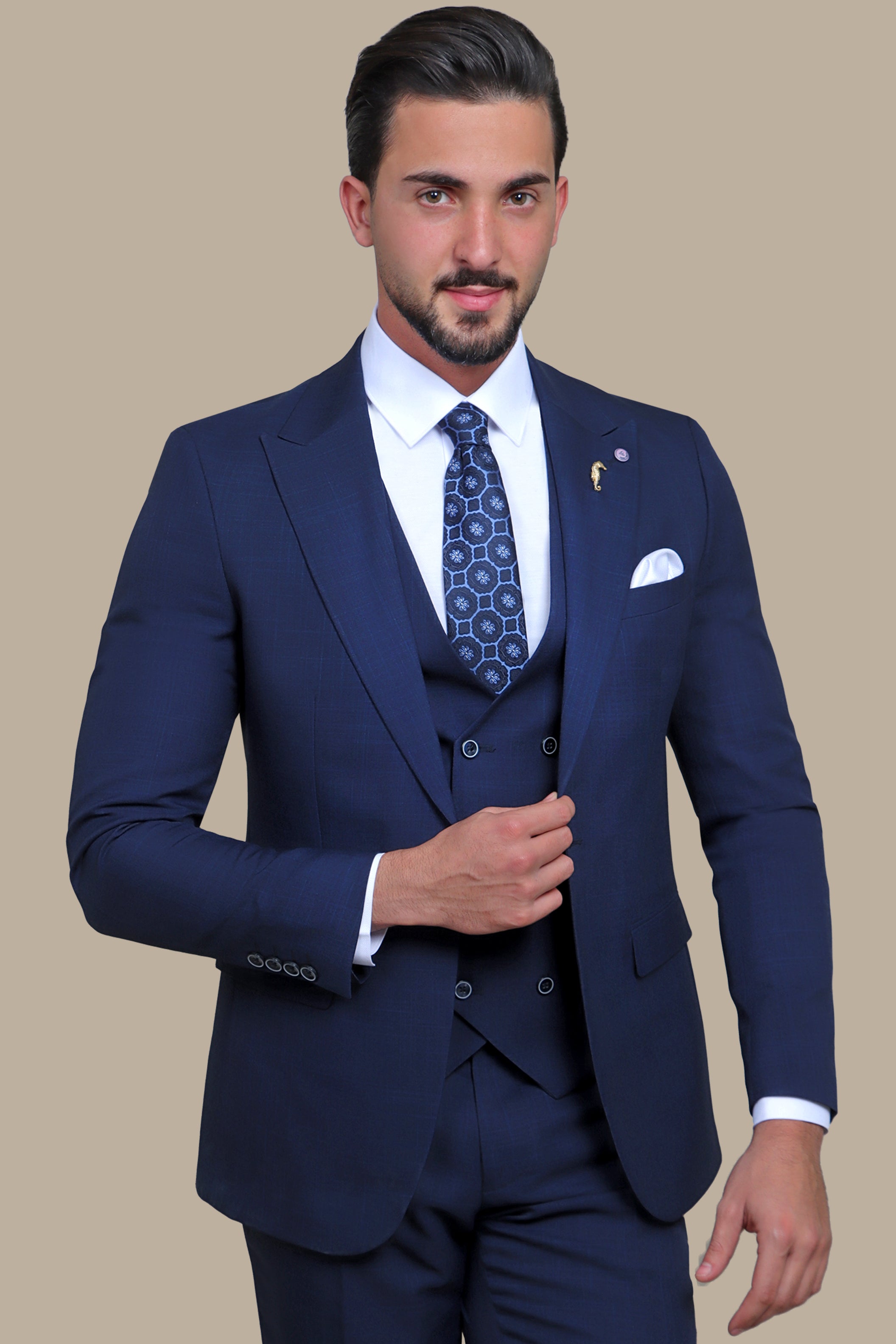 Navy Checked Excellence: The Peak Lapel 3-Piece Suit