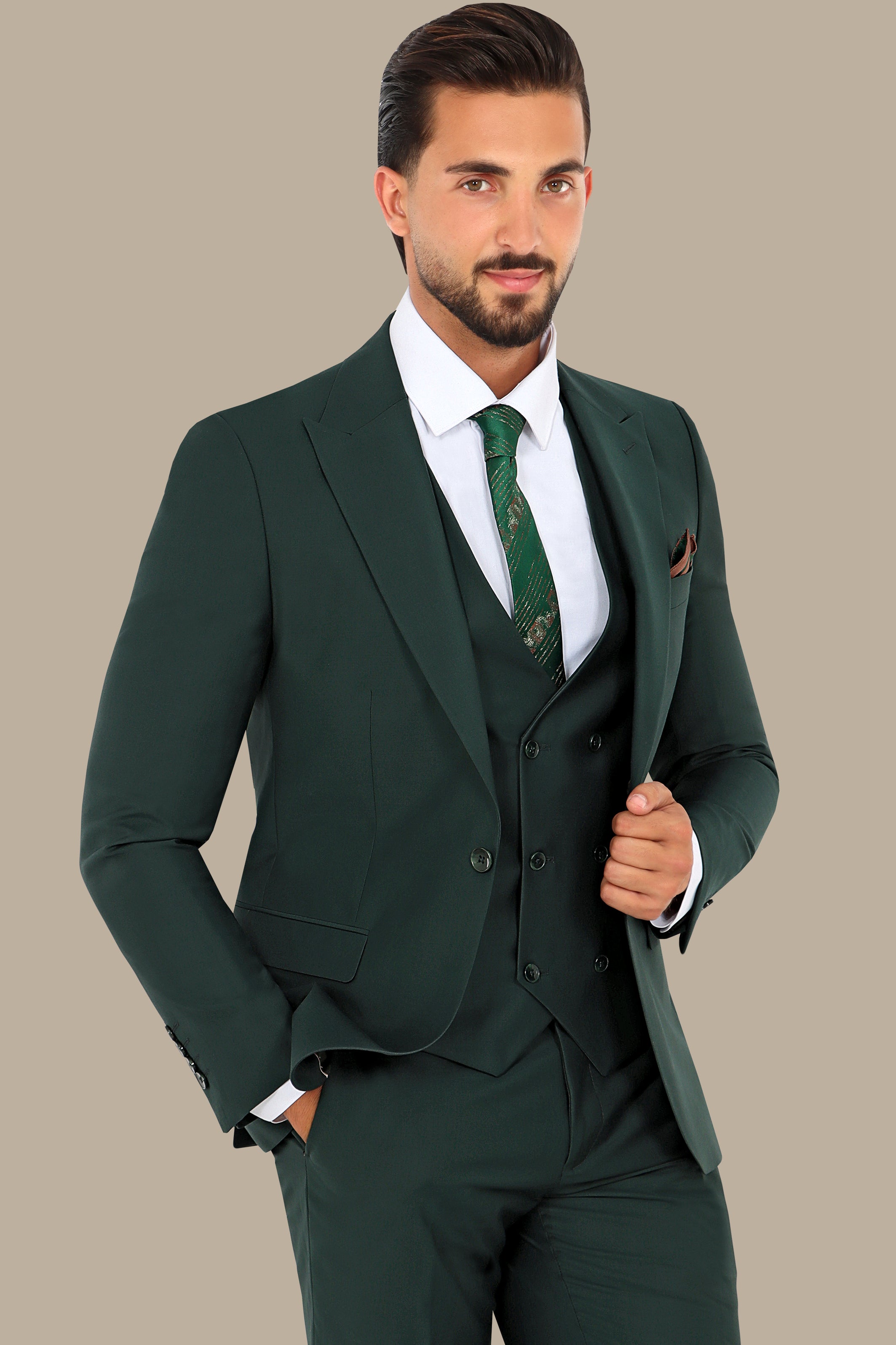 Green Peak Lapel Plain 3-Piece Suit