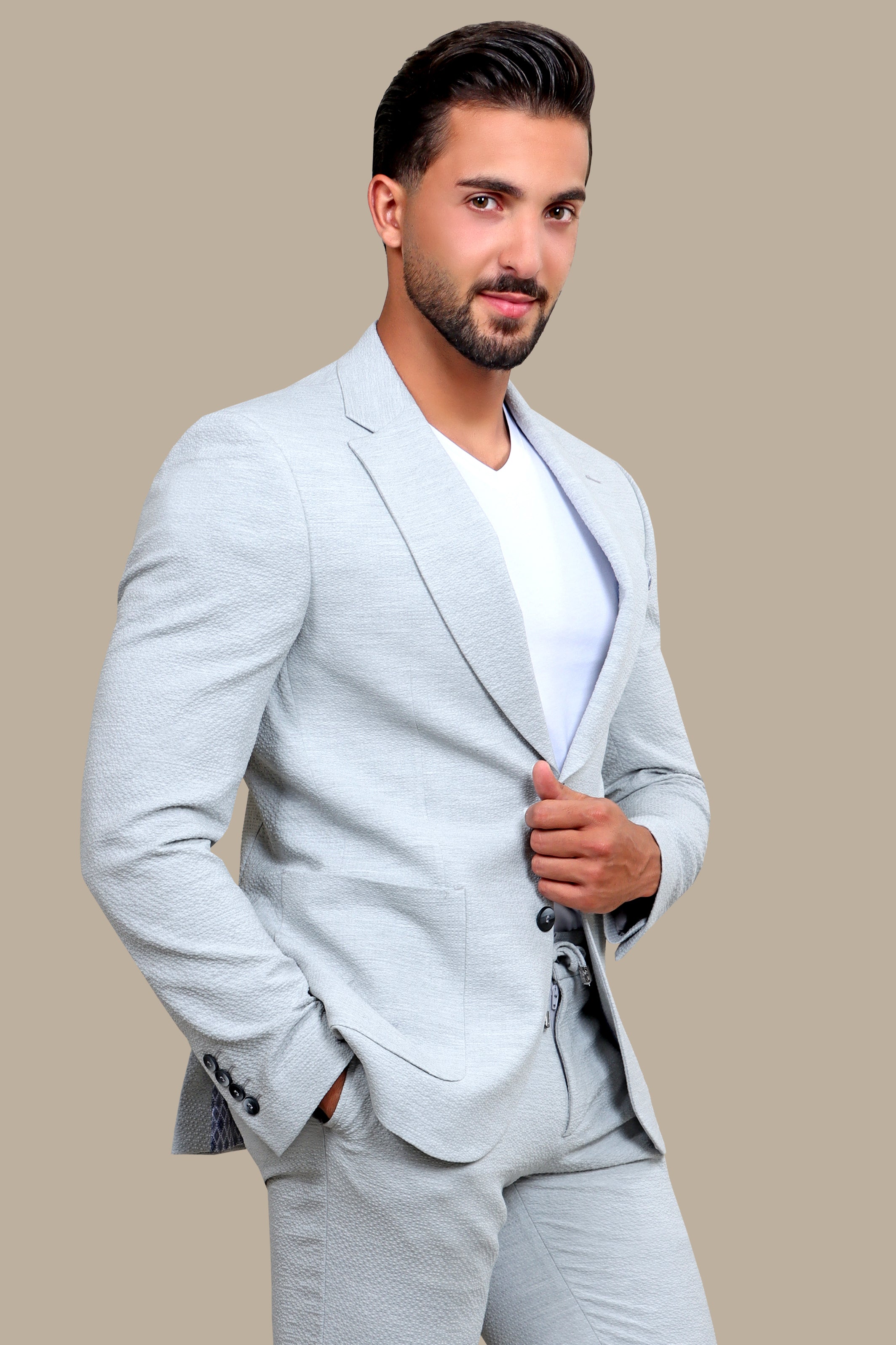 Timeless Travel Suit: Light Gray with Patch Pockets