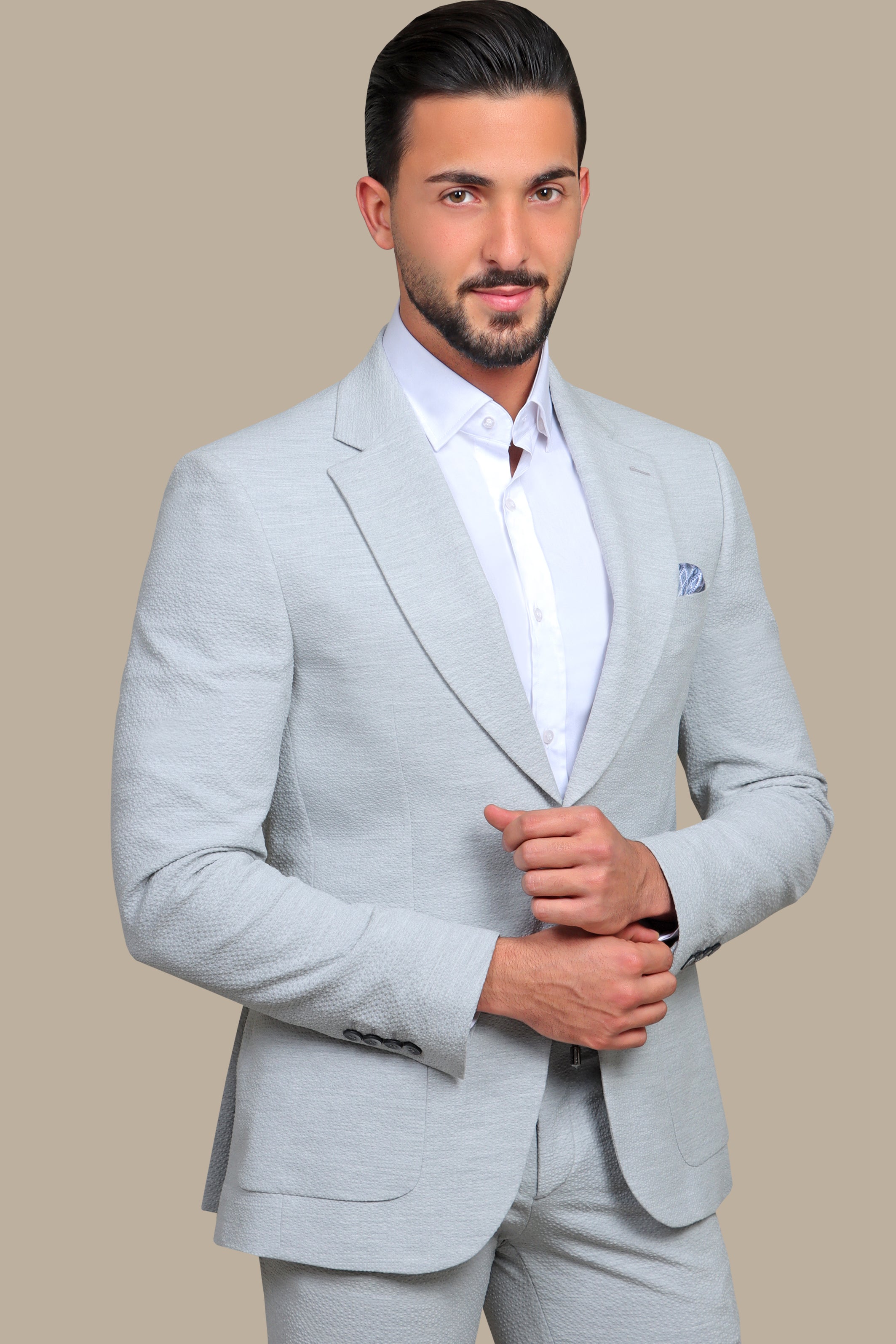 Timeless Travel Suit: Light Gray with Patch Pockets