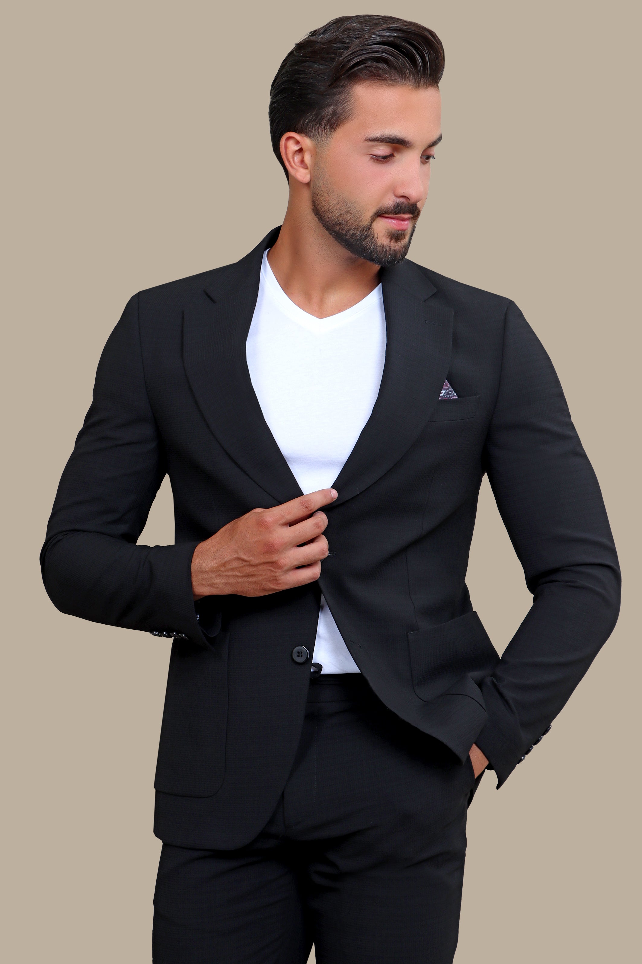 Sleek and Stylish: Black Travel Suit with Patch Pockets