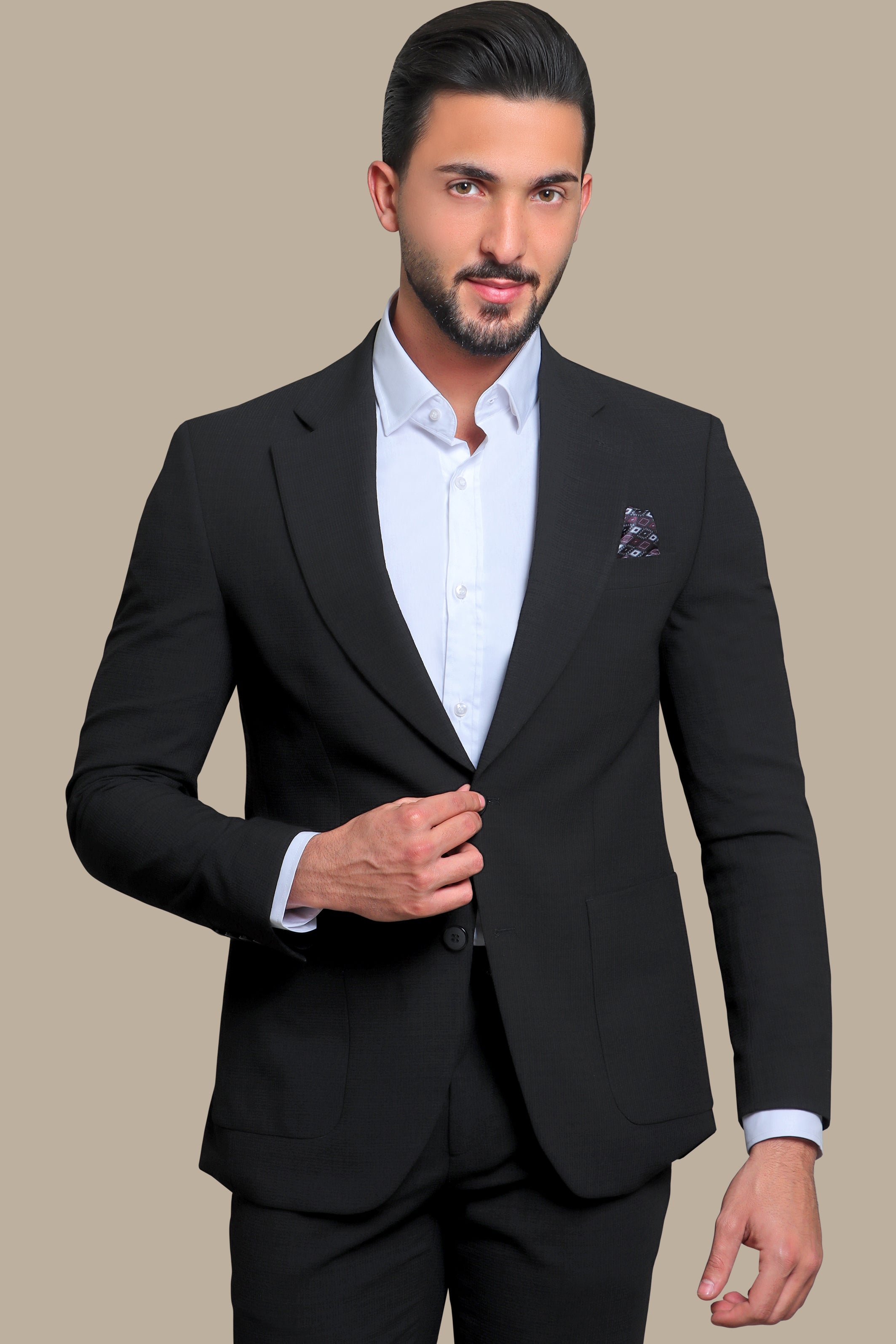 Sleek and Stylish: Black Travel Suit with Patch Pockets