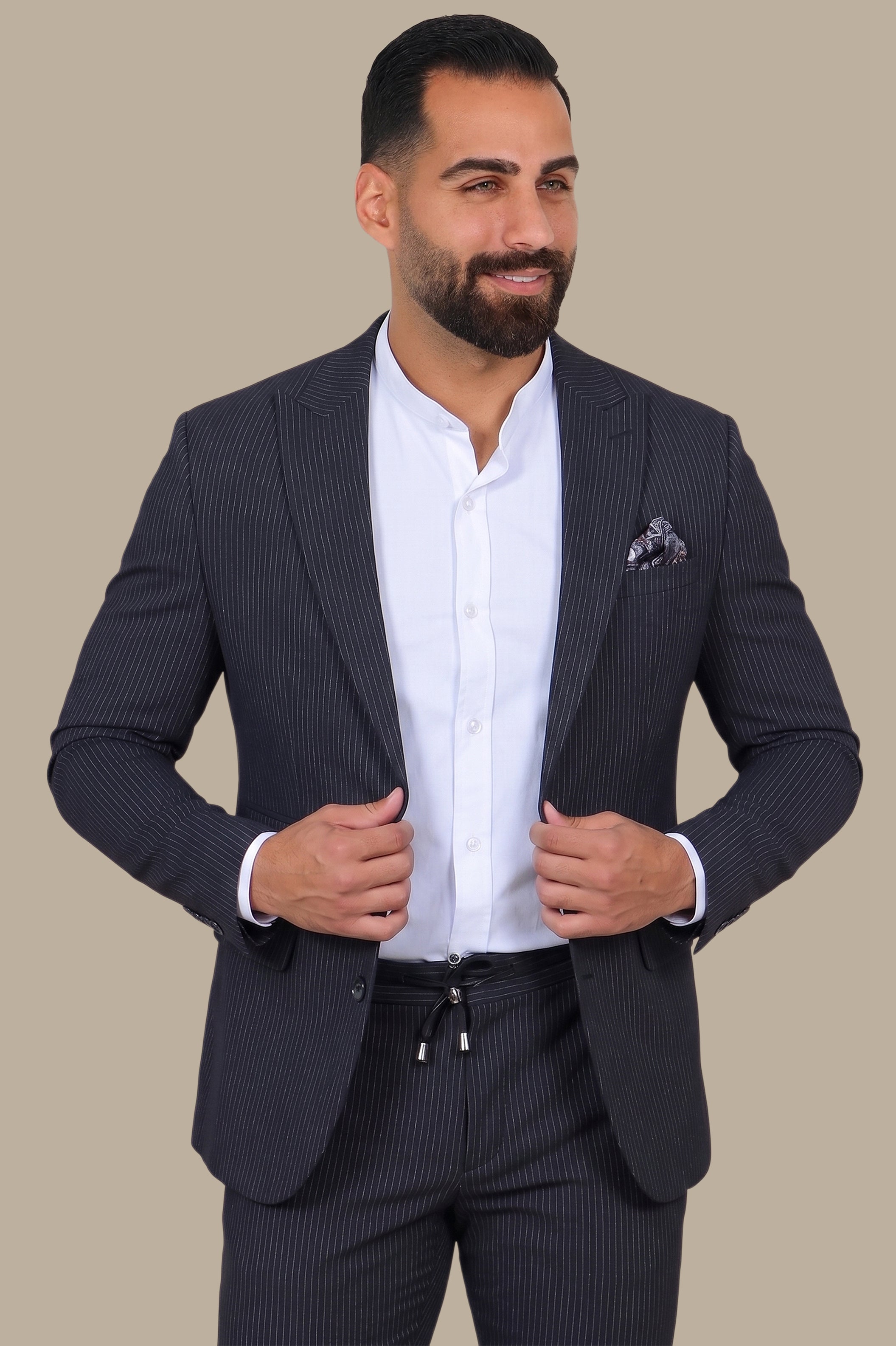 Nautical Elegance Travel Suit: Navy Stripe Edition