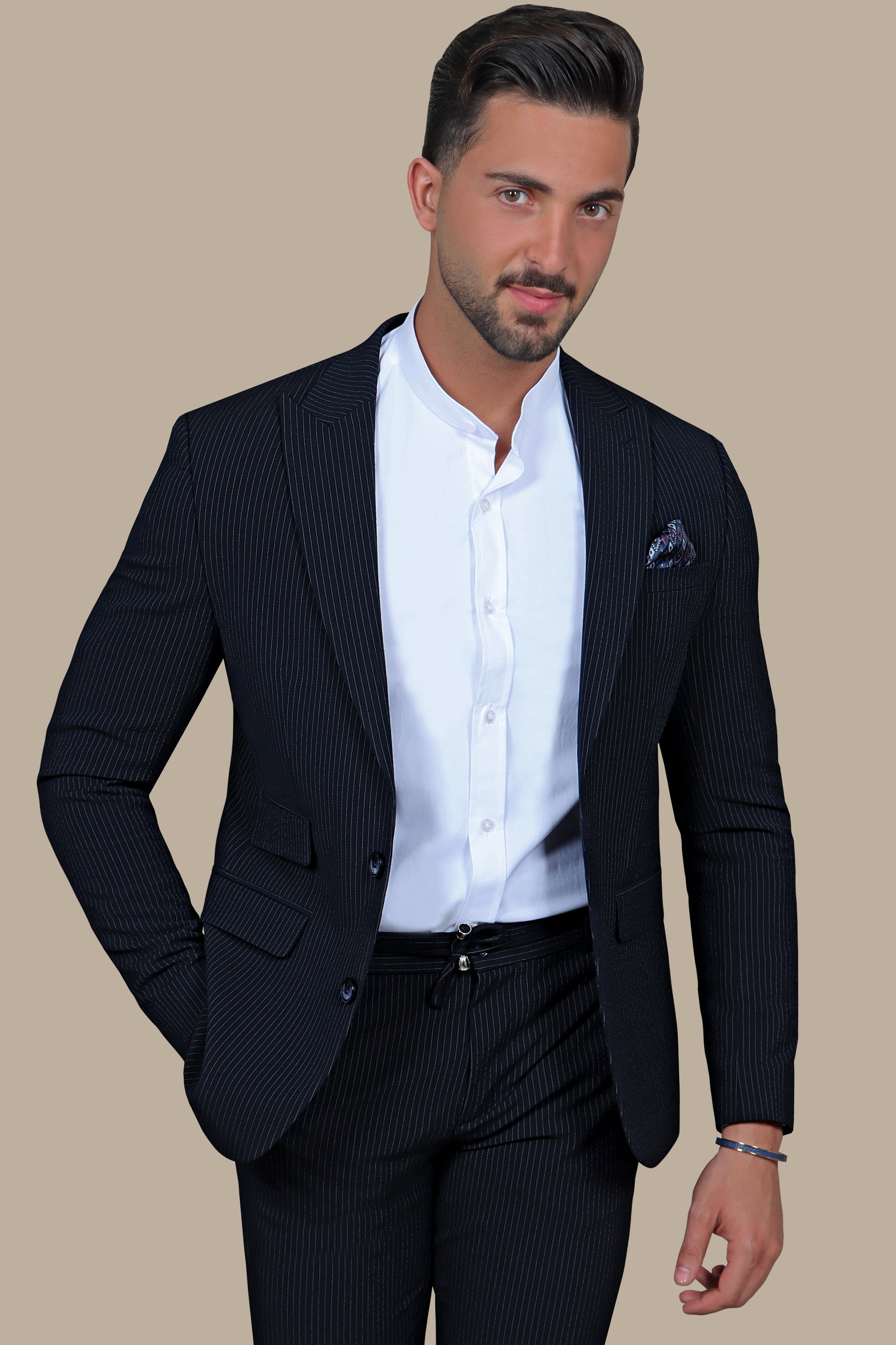 Nautical Elegance Travel Suit: Navy Stripe Edition