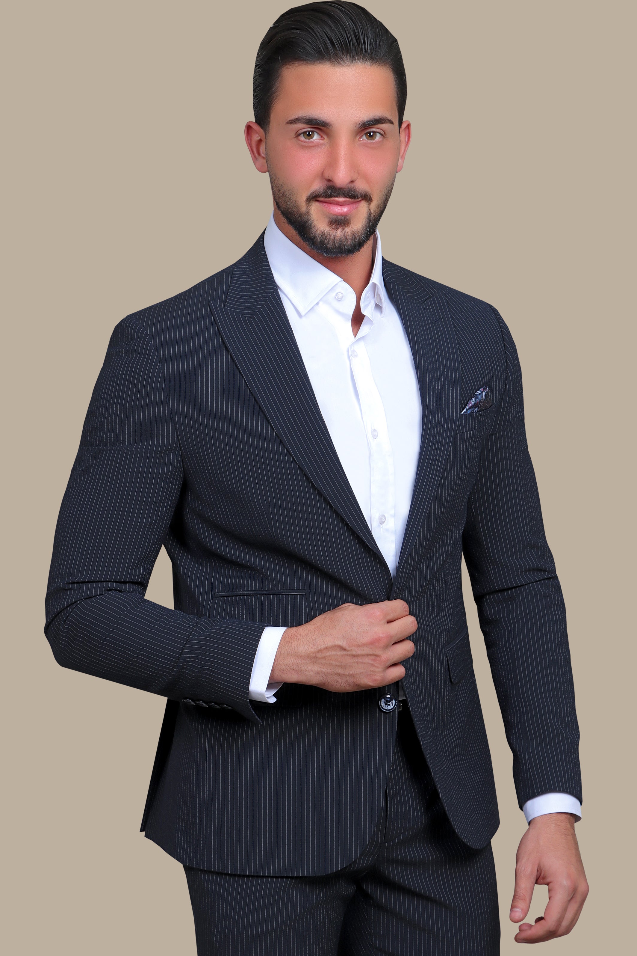 Nautical Elegance Travel Suit: Navy Stripe Edition