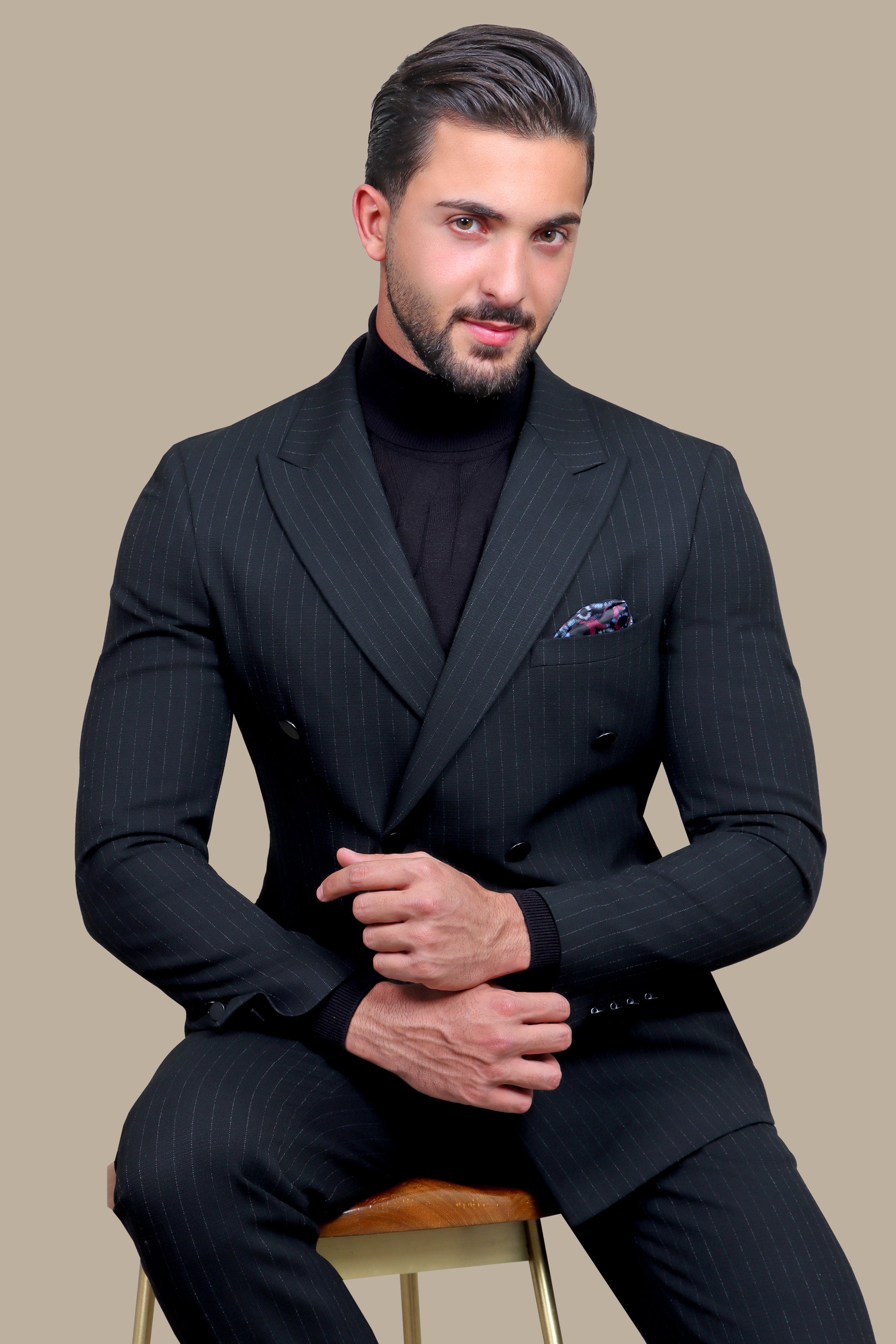 Classic Elegance: Black Double-Breasted Suit with Timeless Stripes