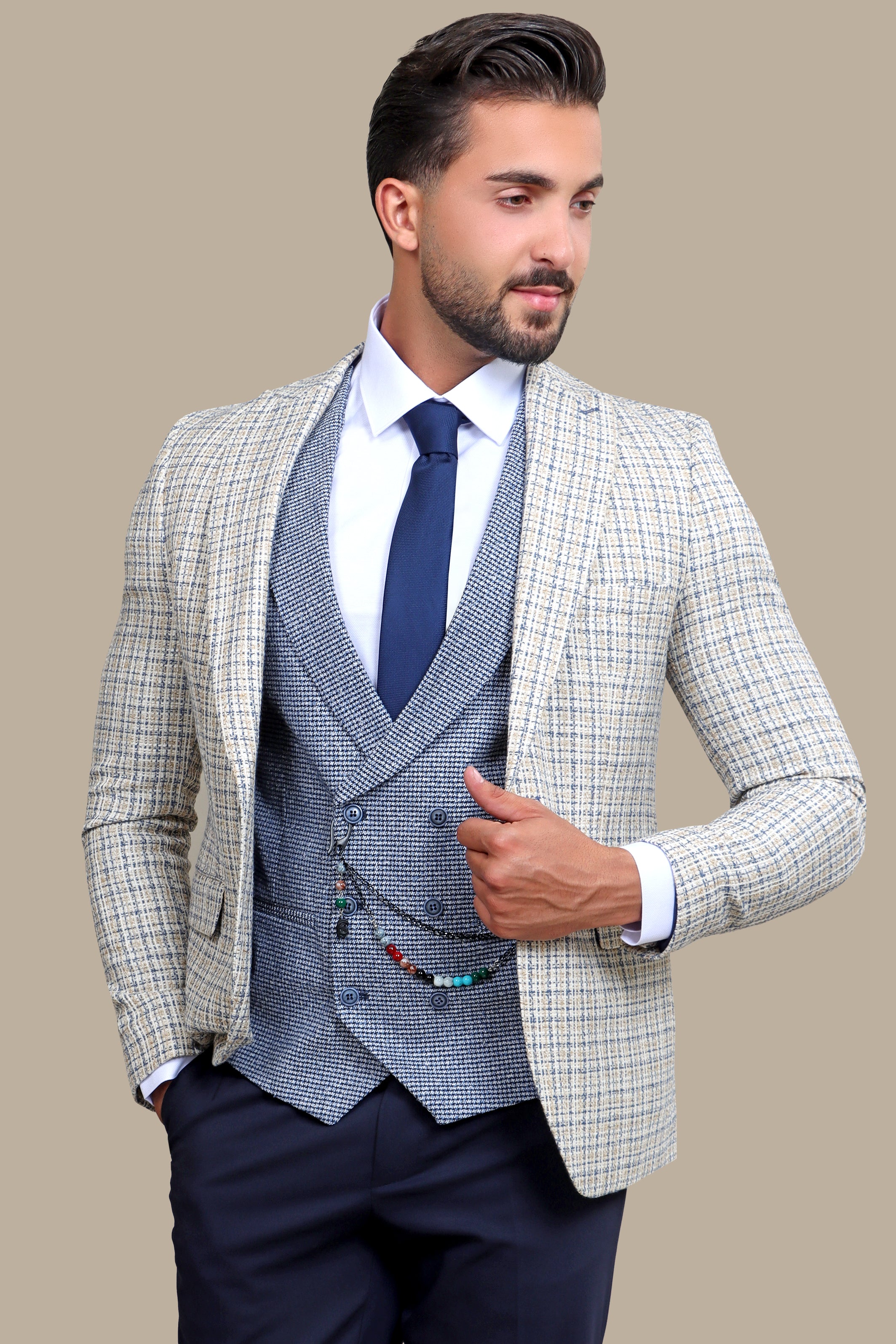 Beige Brilliance: The Ultimate Checked Mix and Match 3-Piece Suit