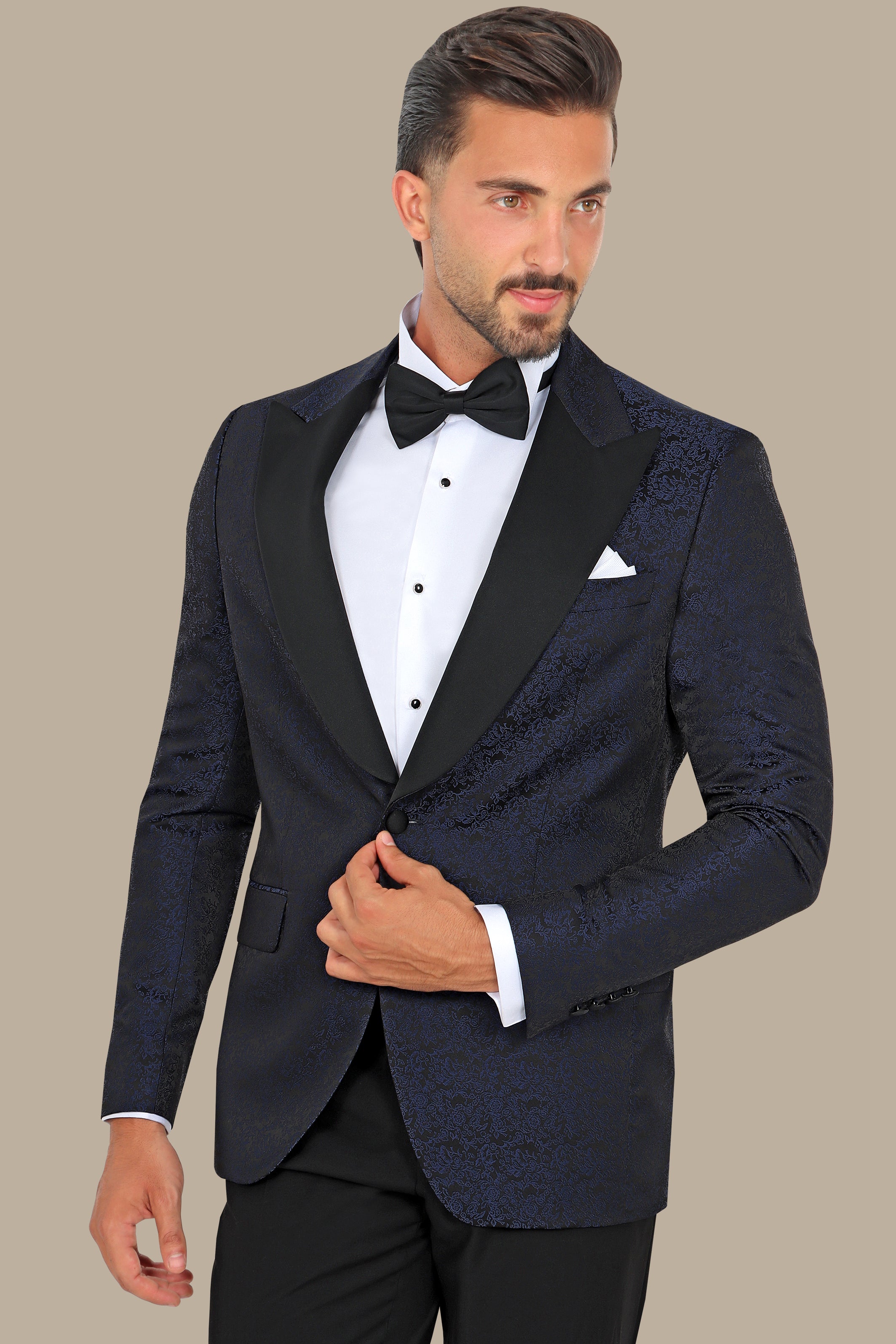 Regal Reverie: Navy Jacquard Flower Print Tuxedo