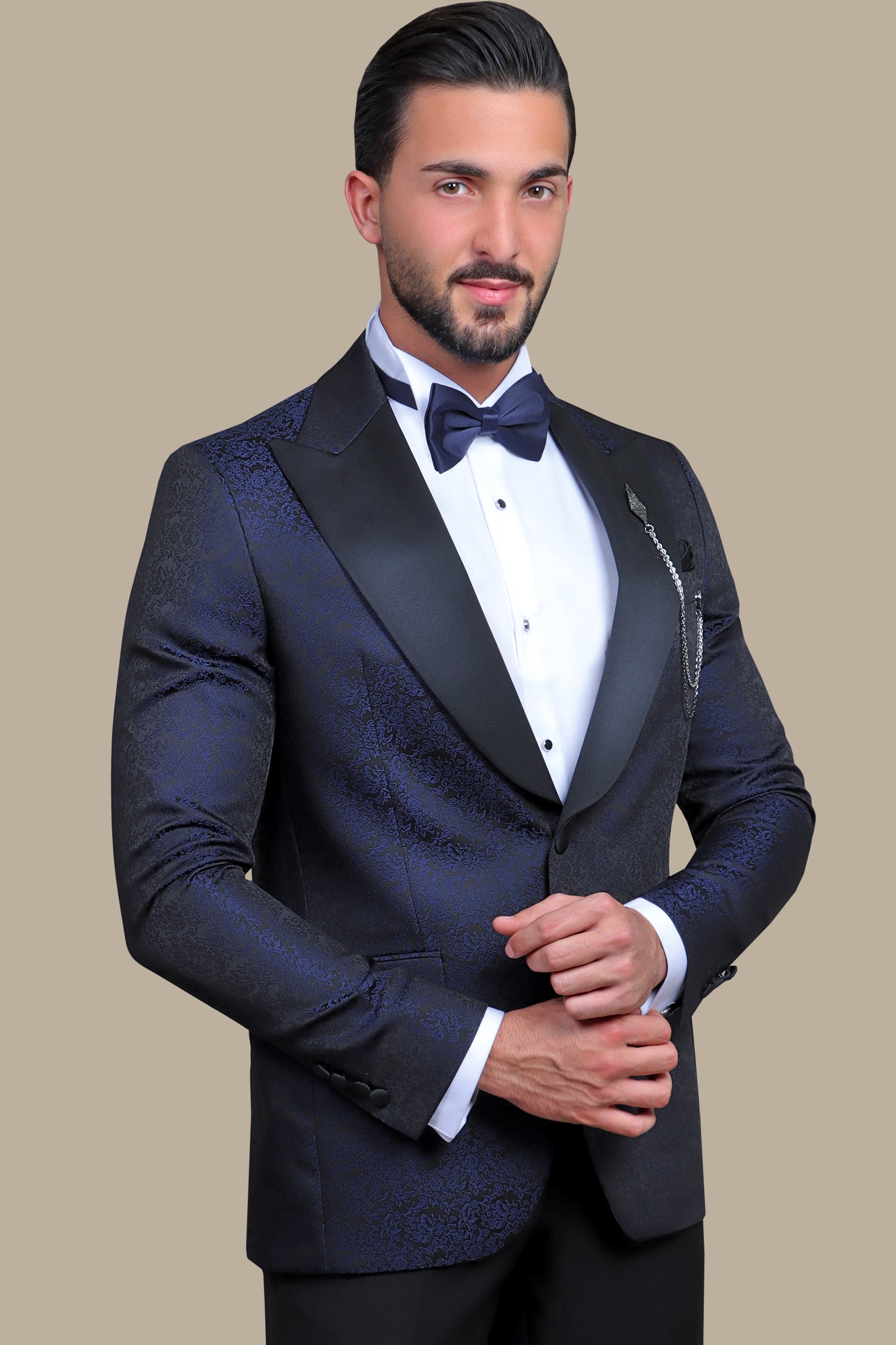 Regal Reverie: Navy Jacquard Flower Print Tuxedo