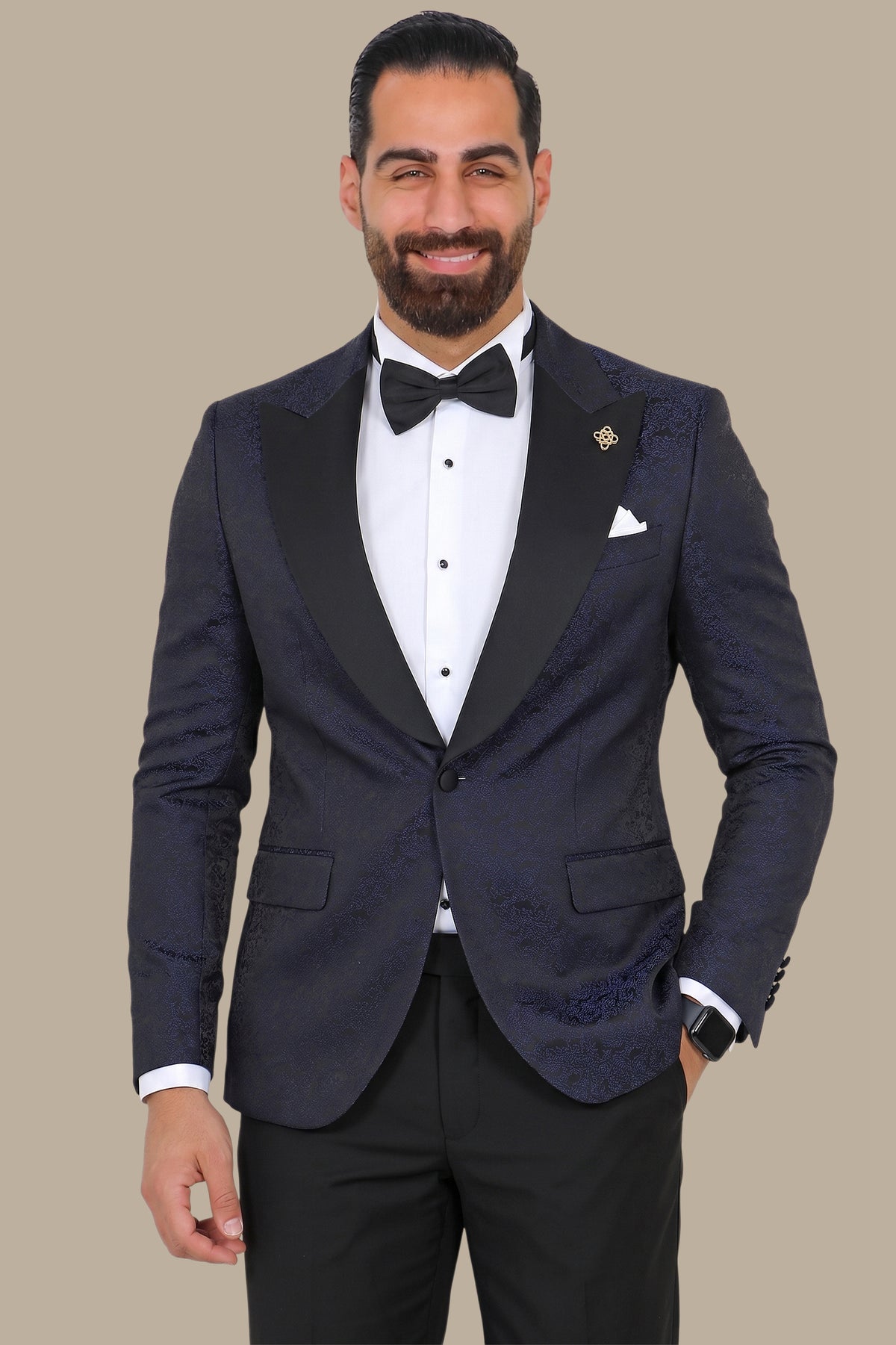 Regal Reverie: Navy Jacquard Flower Print Tuxedo