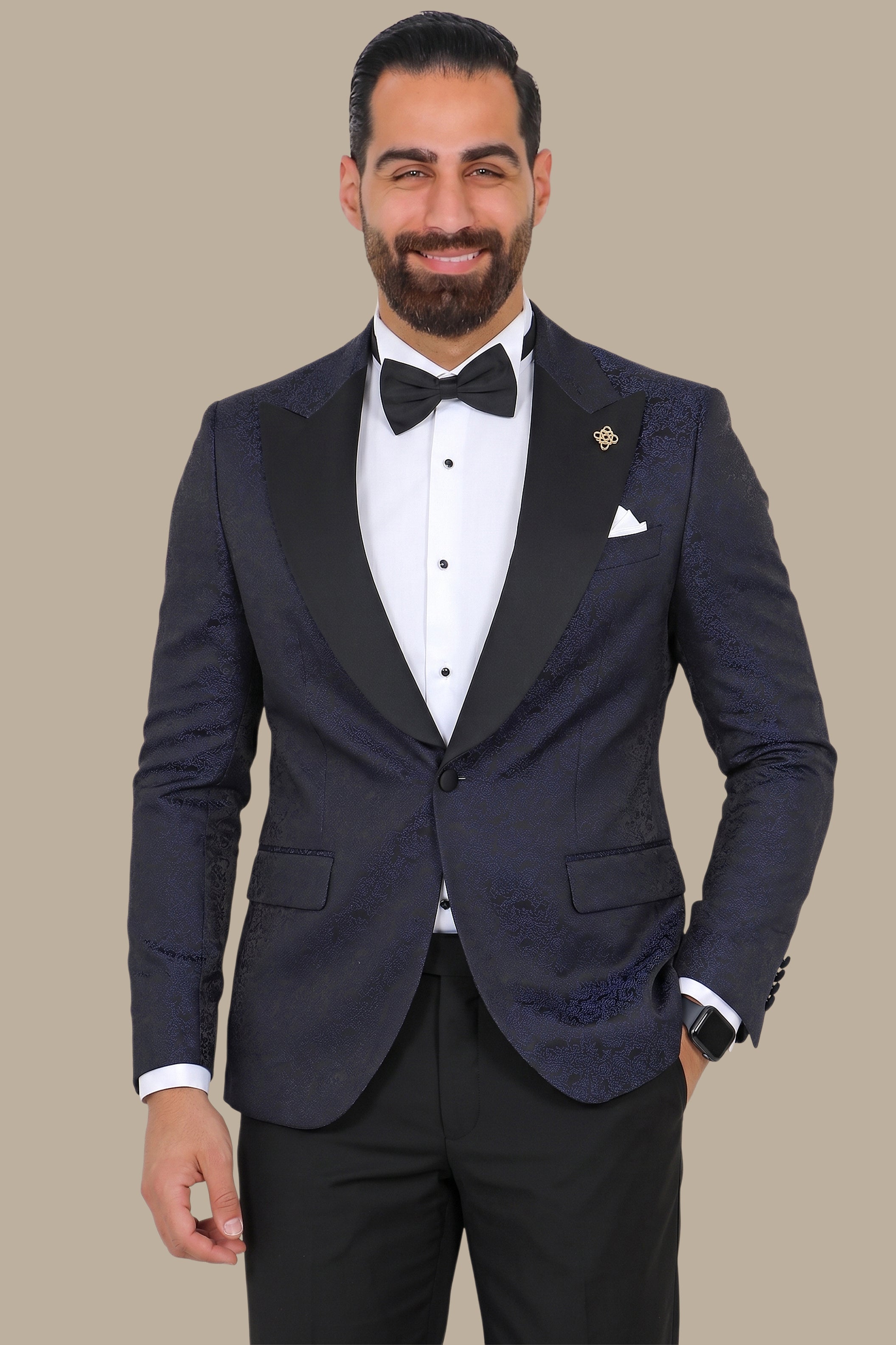Regal Reverie: Navy Jacquard Flower Print Tuxedo