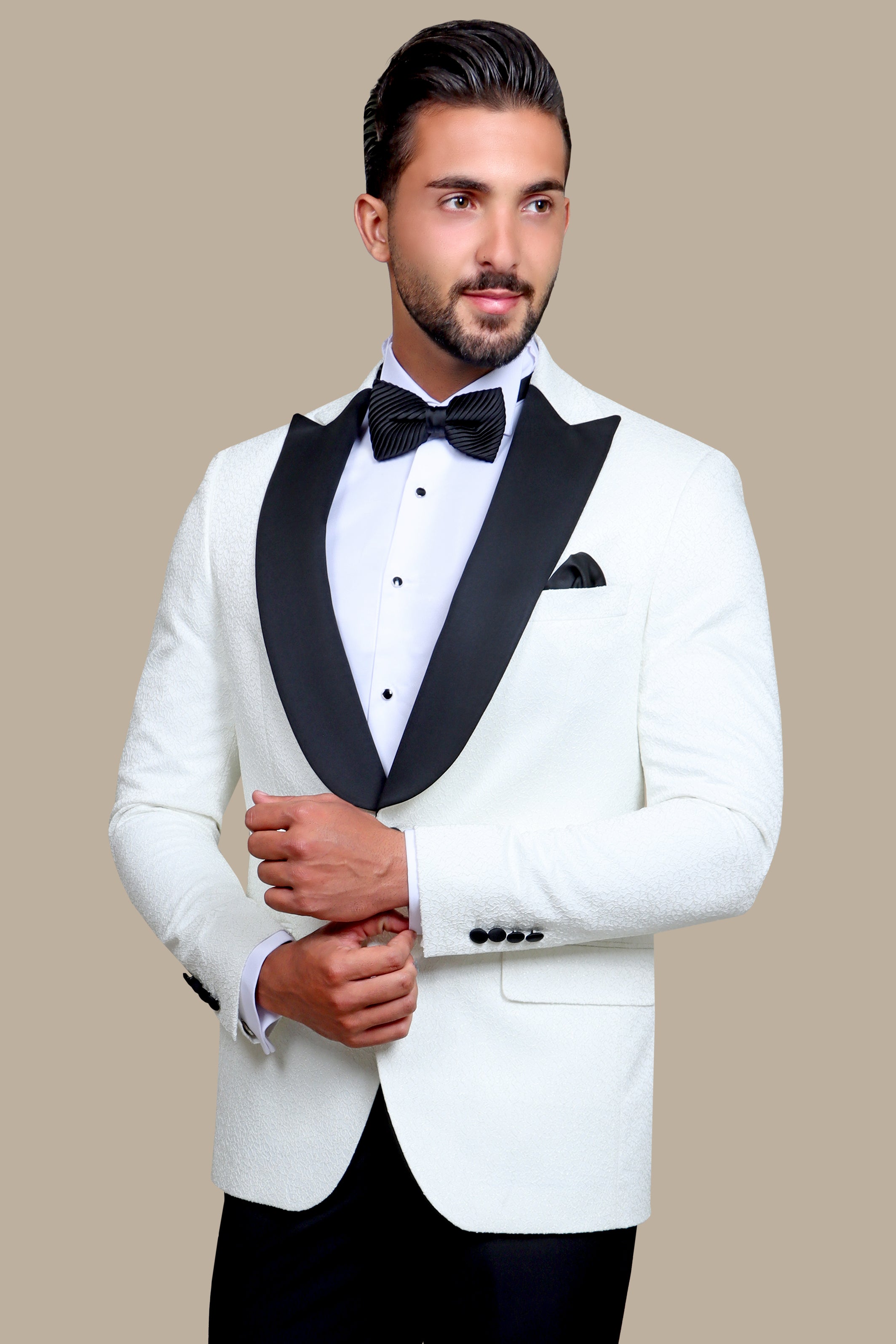 Ultimate Elegance: White Jacquard Peak Curved Tuxedo