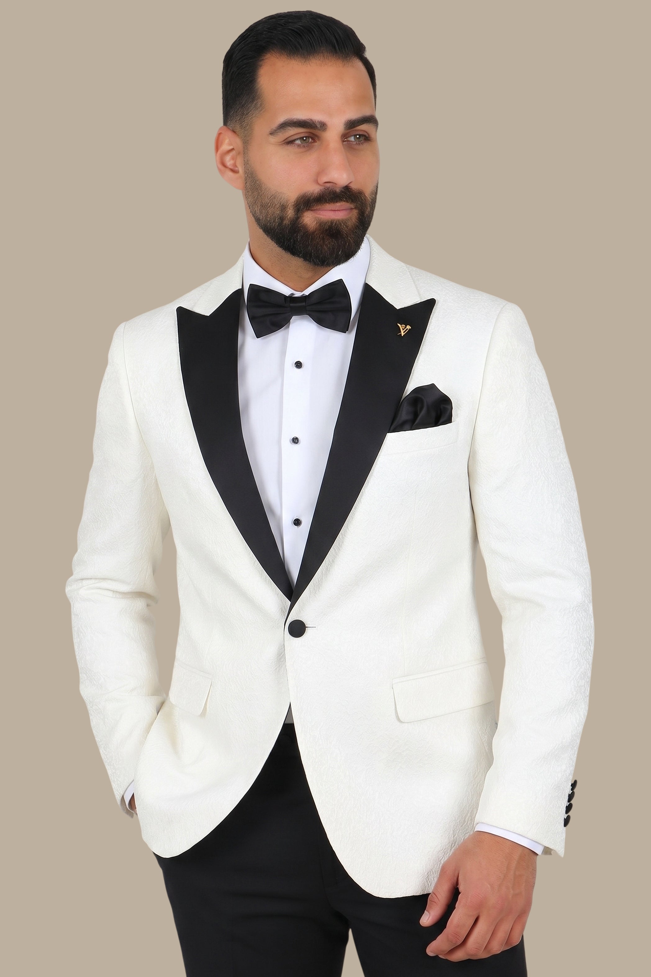 Ultimate Elegance: White Jacquard Peak Curved Tuxedo