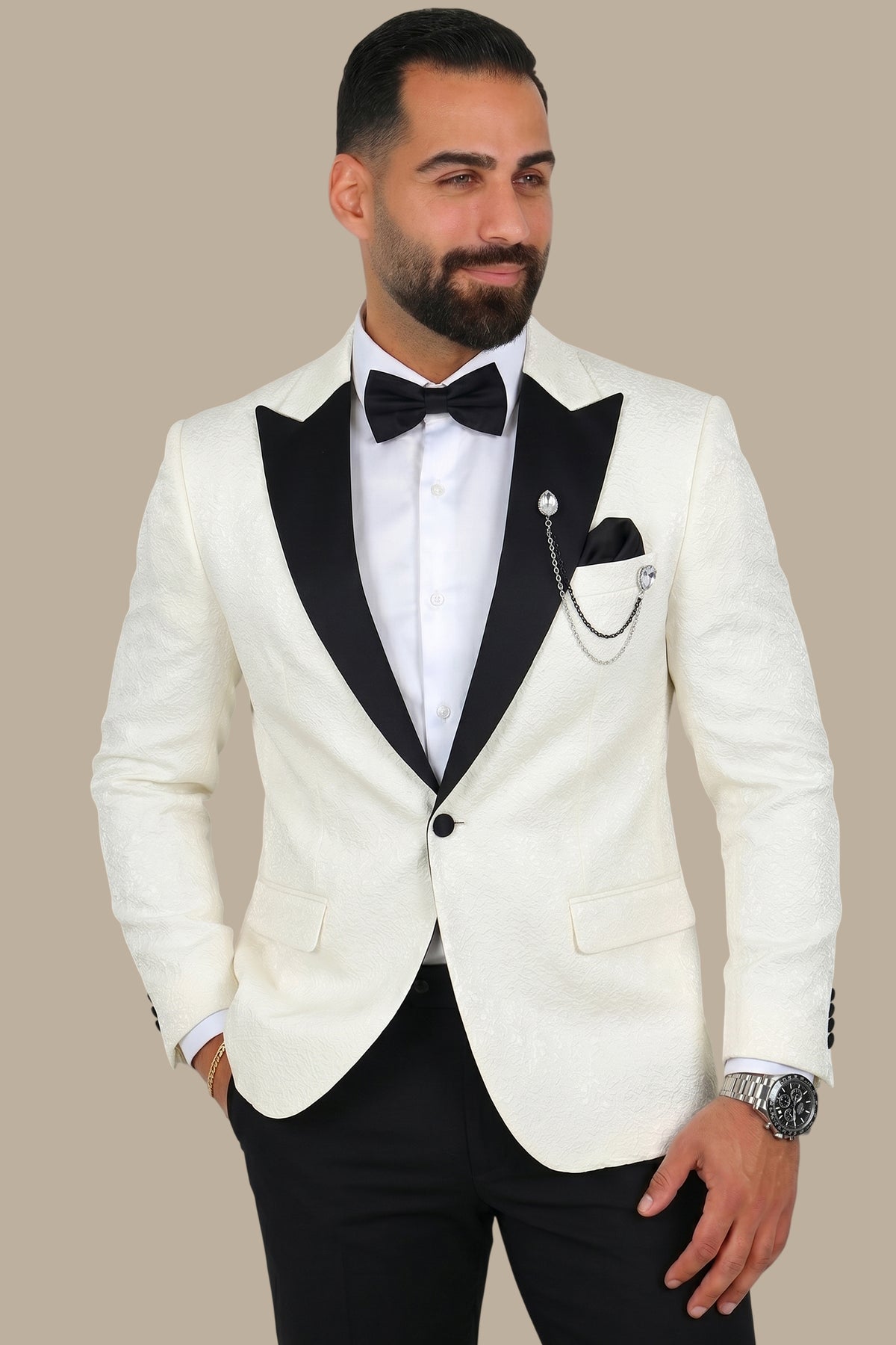 Ultimate Elegance: White Jacquard Peak Curved Tuxedo