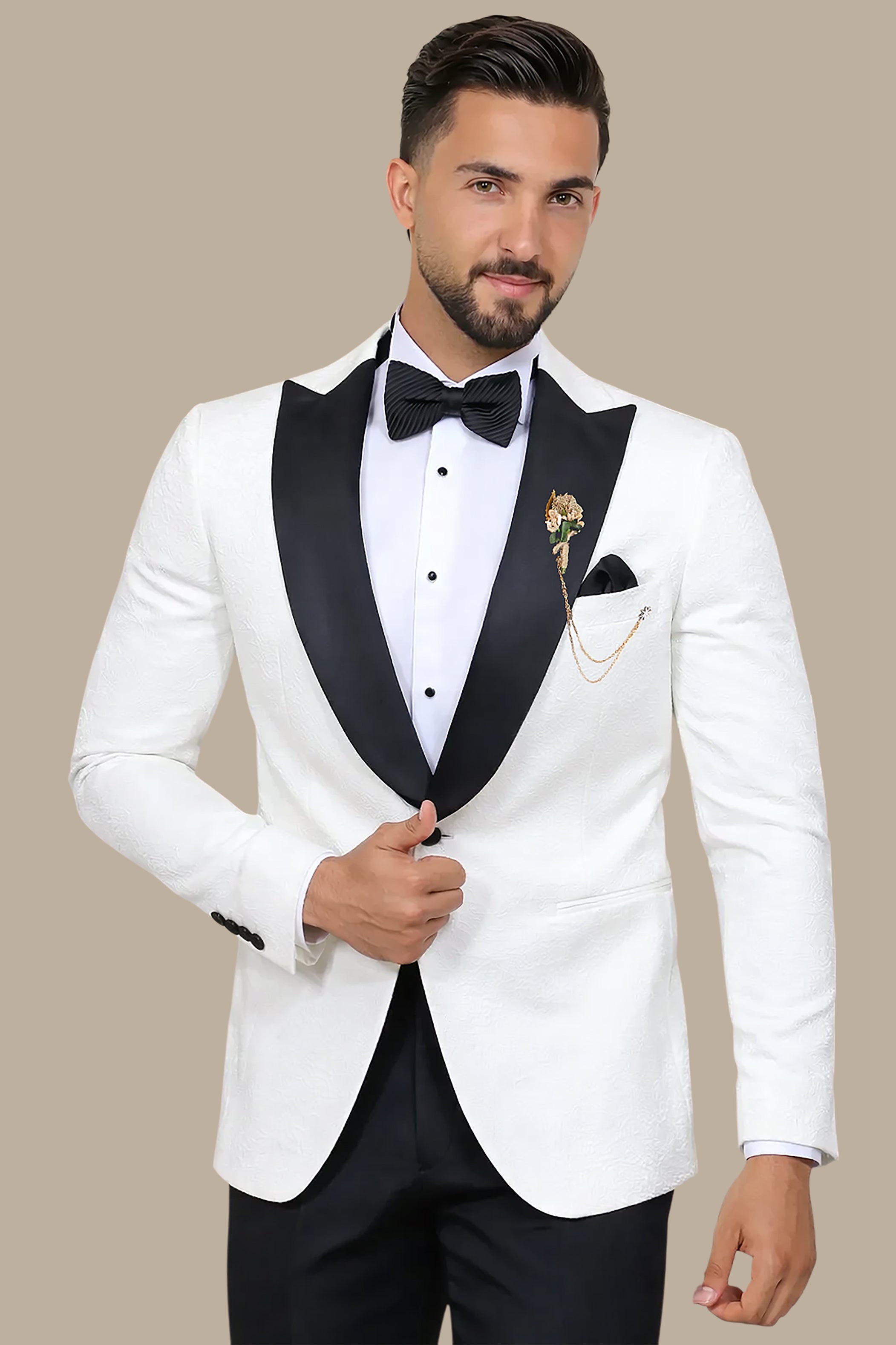 Ultimate Elegance: White Jacquard Peak Curved Tuxedo
