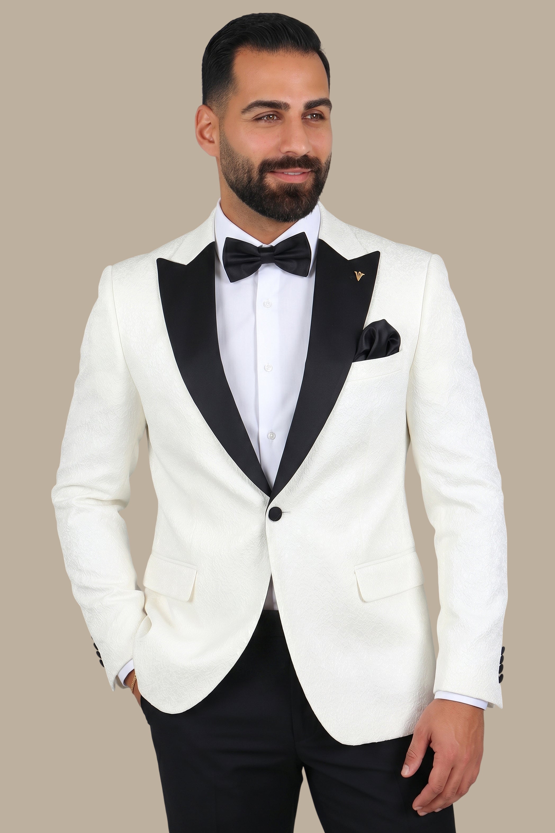 Ultimate Elegance: White Jacquard Peak Curved Tuxedo